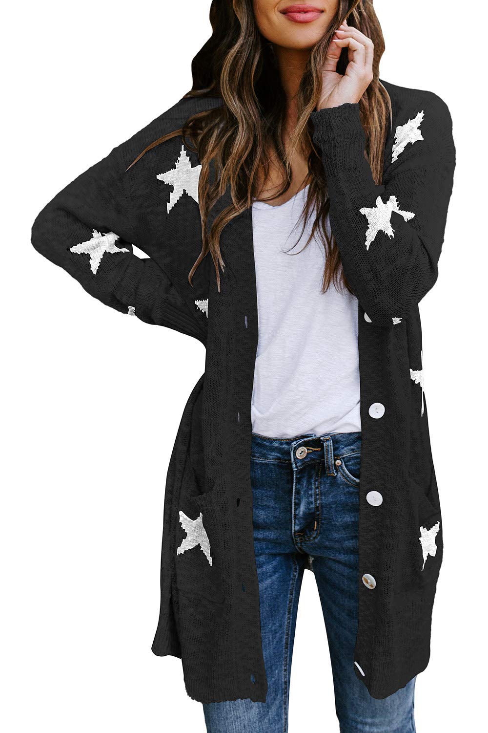 Hapcopewomens Star Print Button Down Knit Open Front Cardigan