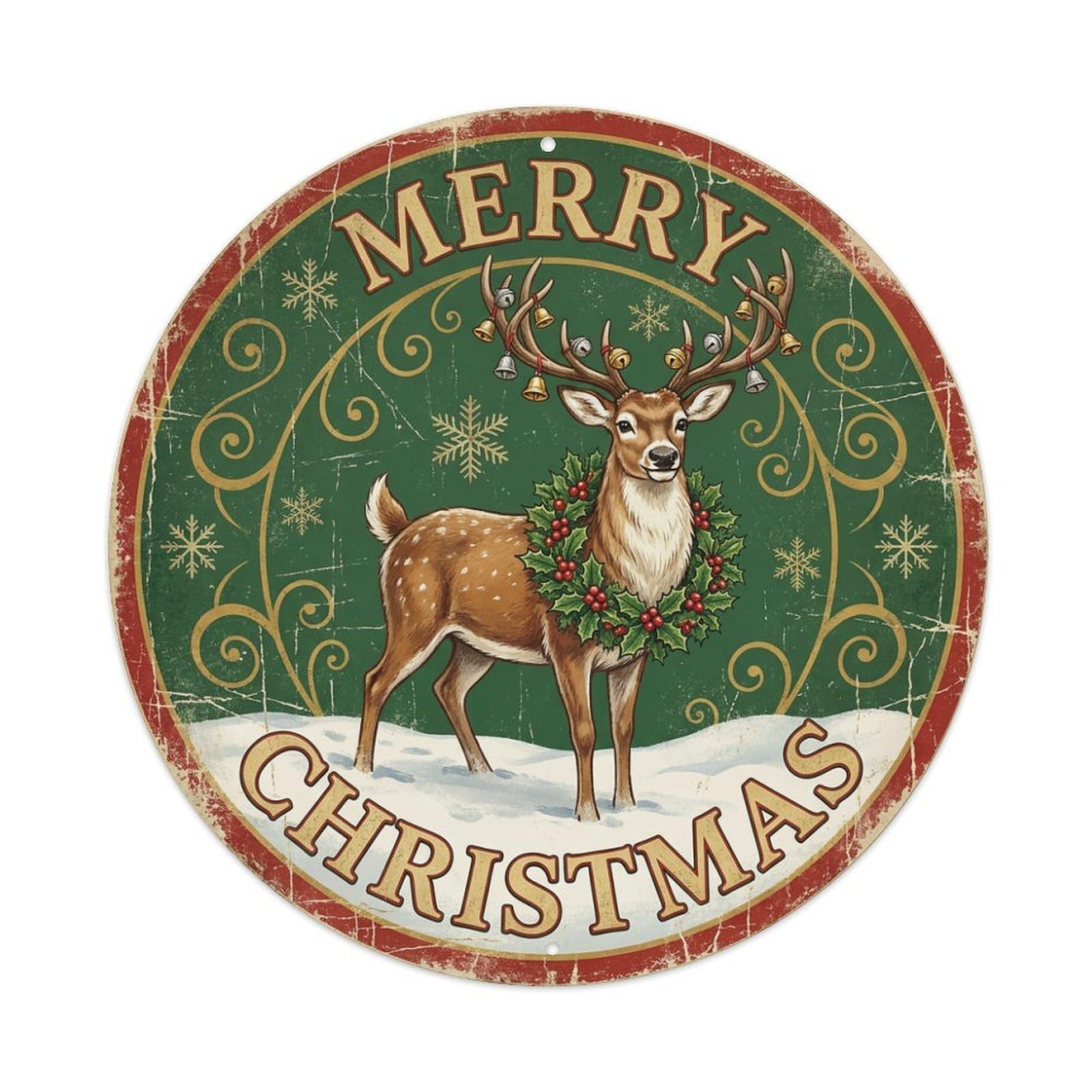 Merry Christmas Reindeer Wreath Holly Metal Tin Sign