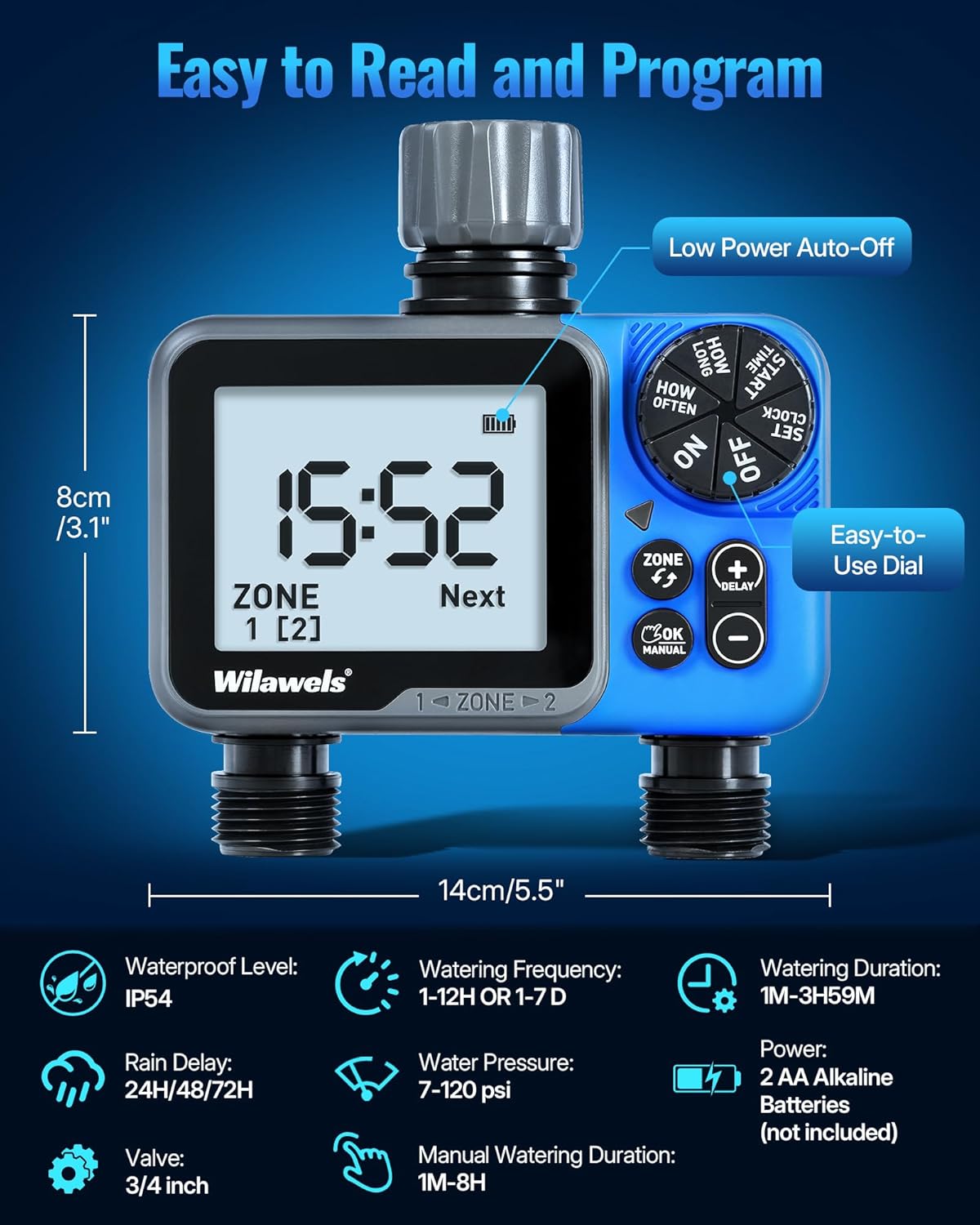 Water Timer for Garden Hose, 2 Zone Sprinkler Timer, Automatic Irrigation System/Rain Delay/Manual Watering, Programmable Watering for Lawn, Yard, Drip Irrigation C12WT06