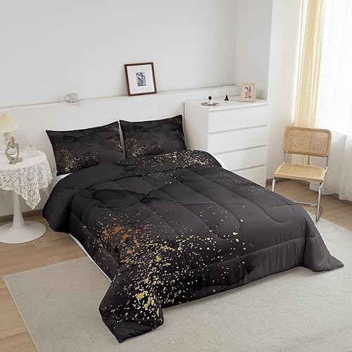 Miniatura 2 de Juego de edredón de lentejuelas metálicas de color negro y dorado, tamaño individual, juego de edredón de mármol gris oscuro, juego de edredón de
