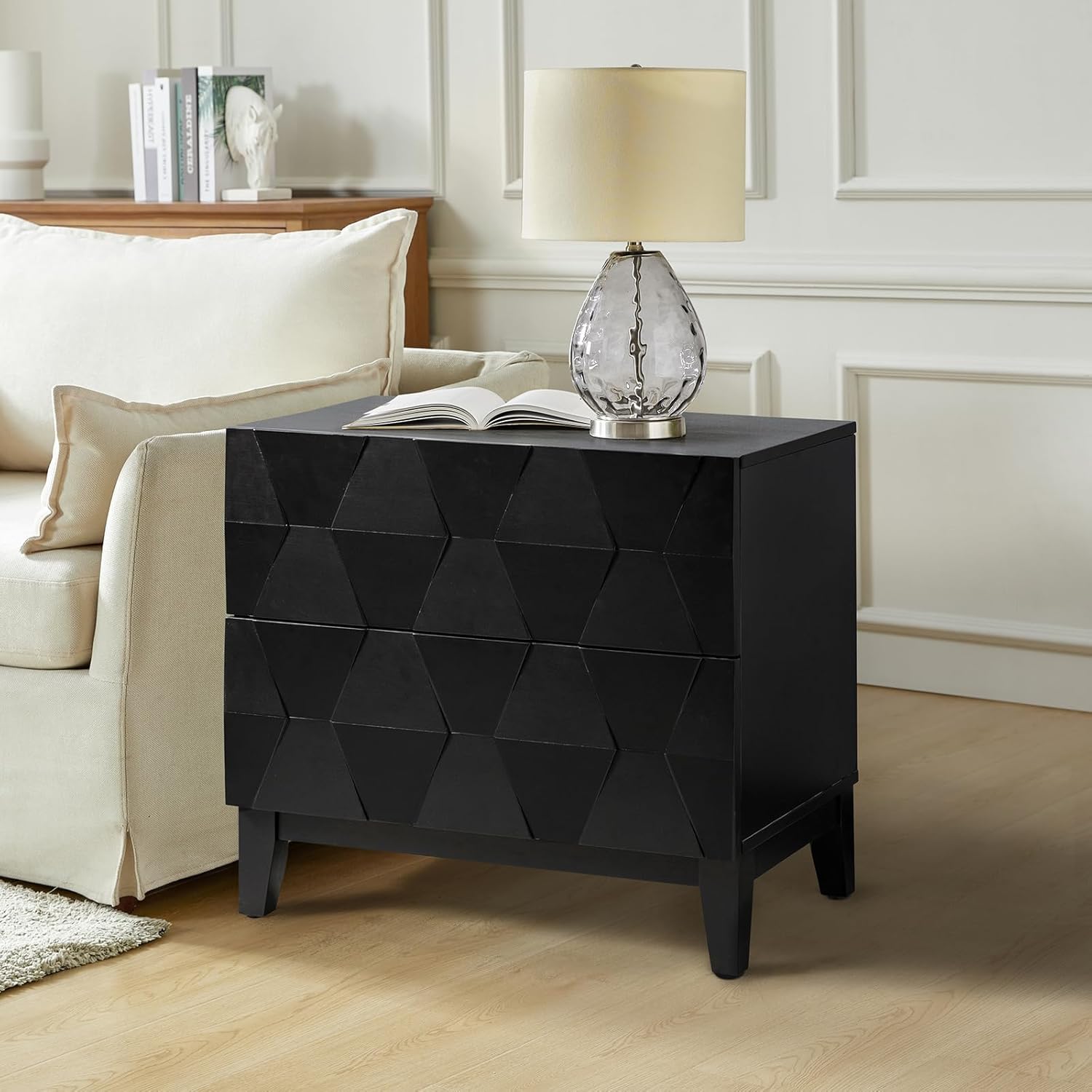 HULALA HOME Modern End Tables Set of 2 with Charging Station, 2 Drawers Side Table with Solid Wood Legs, Seadrift