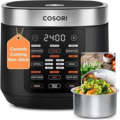 Cosori Rice Cooker 10 Cup, 24h Keep Warm, Non-stick Ceramic Inner Pot, 18 Functions Fuzzy Logic Rice Maker with Stainless Steel Steamer Basket, Sauté, Slow Cooker, Black