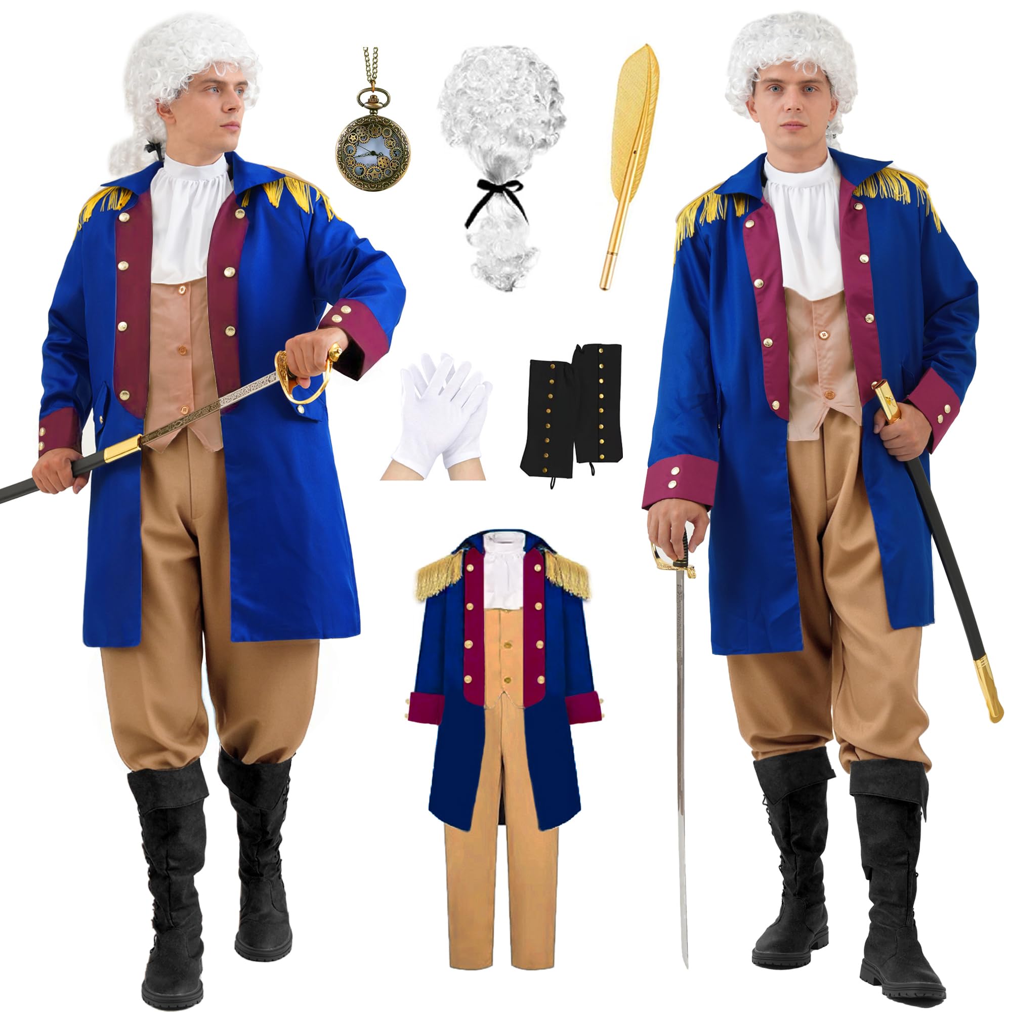 Akokvlar Mens Founding Father George Washington Costume Hamilton Colonial Outfit Set, Brown, Large