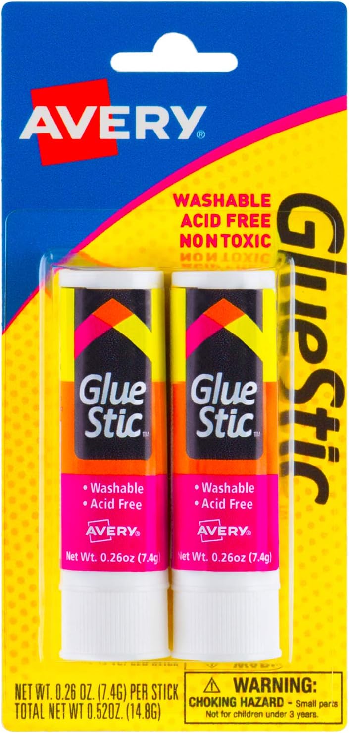Avery Glue Stic White, 0.26 oz., Washable, Nontoxic, Permanent Adhesive, 2 Glue