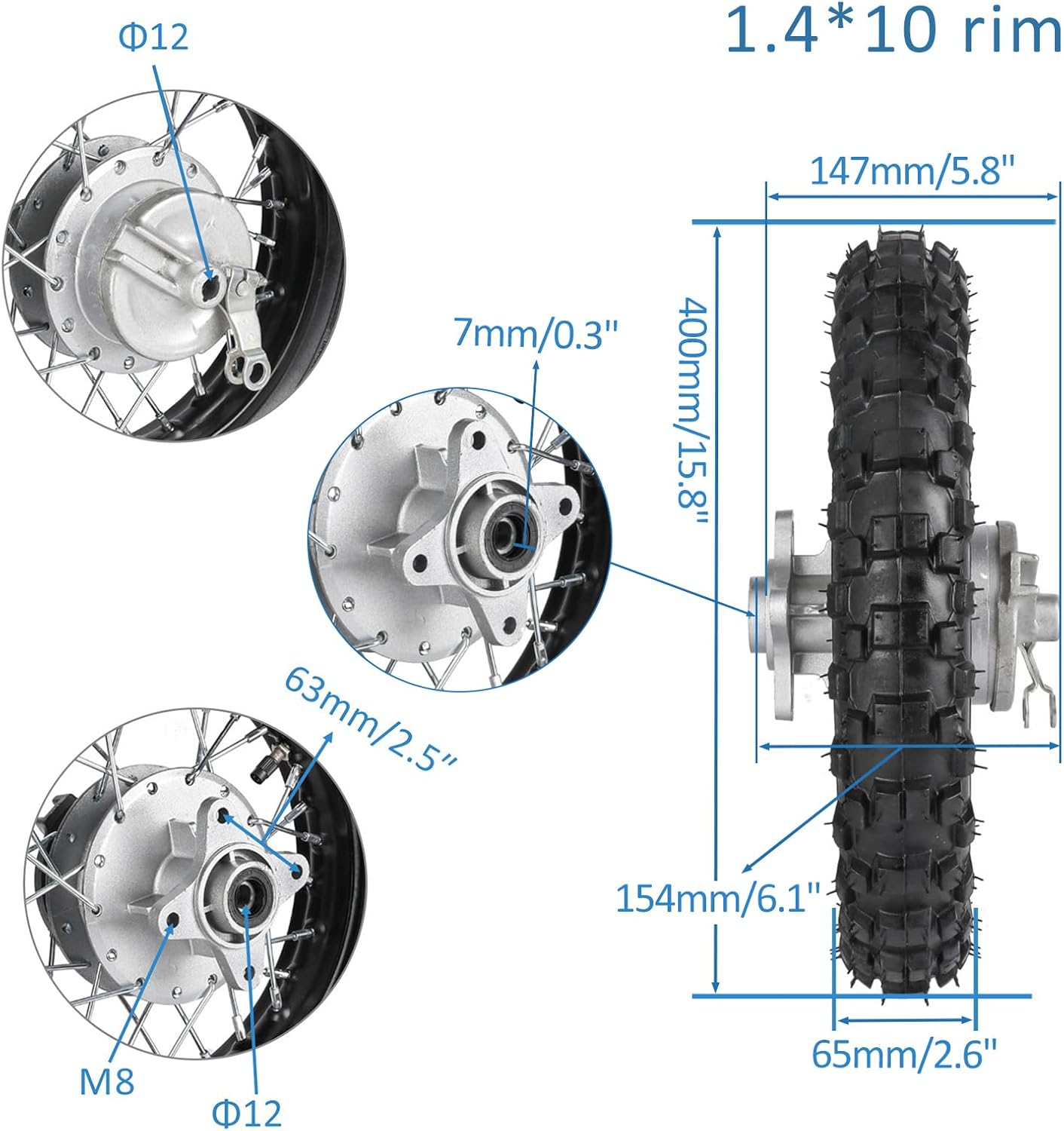 TDPRO Rear 2.5-10 10" Wheel Tire and Rim 1.4 x 10 With 12mm Bearing for 50cc CRF50 XR50 Dirt Pit Bike
