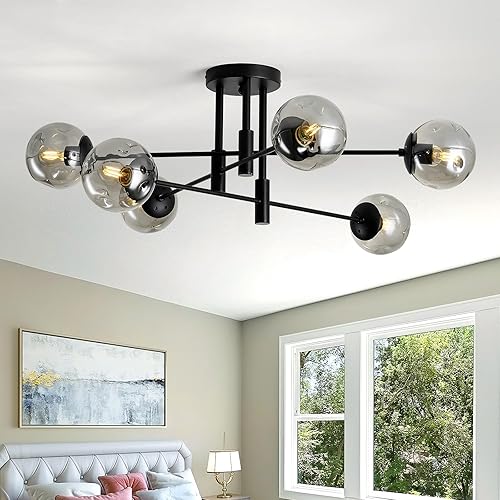 Miniatura 16 de SZXYKEJI Lámpara de Techo de Globo de Vidrio de 8 Luces Negro y Dorado de Mediados de Siglo Montaje al Ras Lámpara Sputnik Candelabro de Burbujas