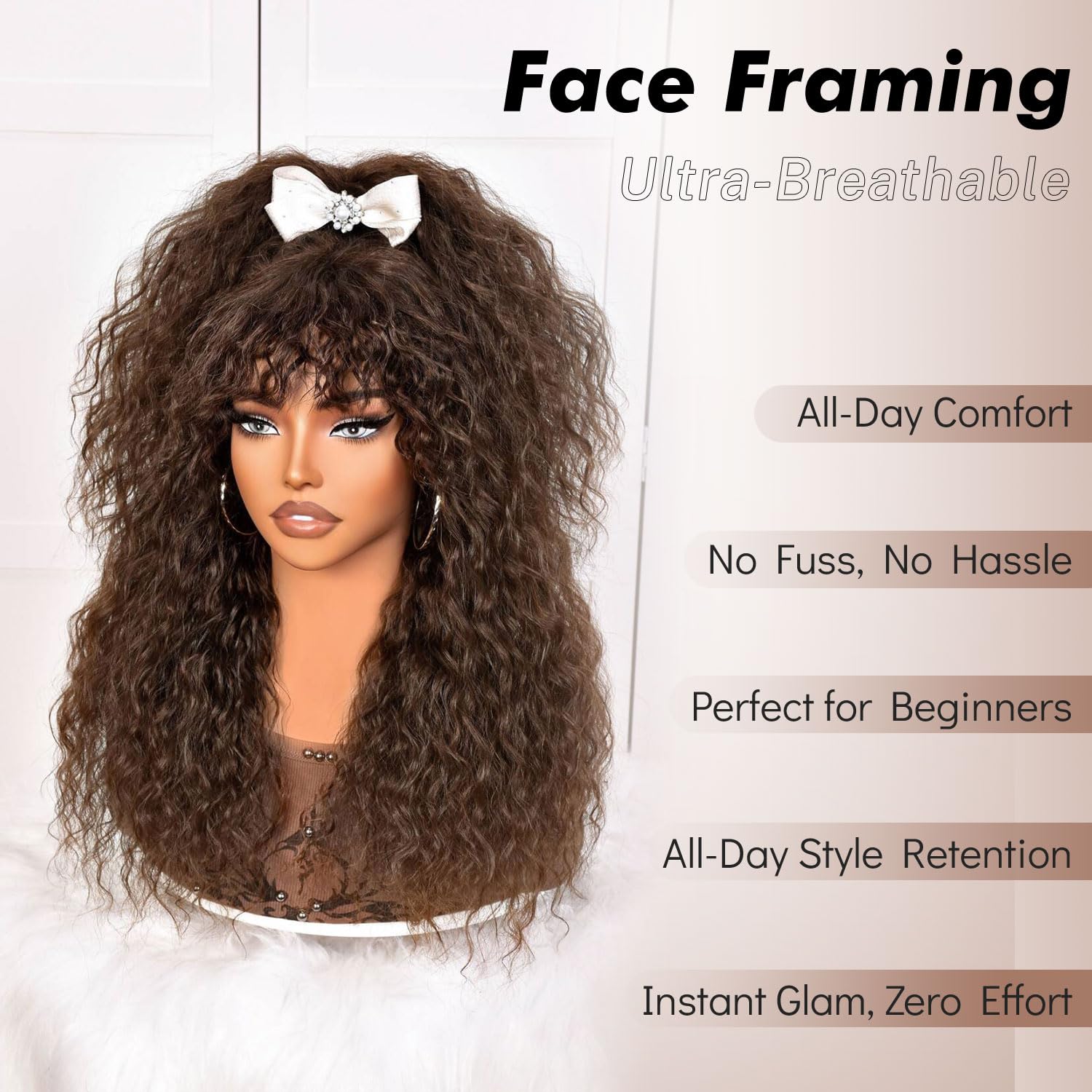 Lizzy Curly Wig With Bangs for Black Women Long Curly Human Hair Blend Premium Fiber Glueless Wig for Daily18Inch (Dark Brown) - Image 3