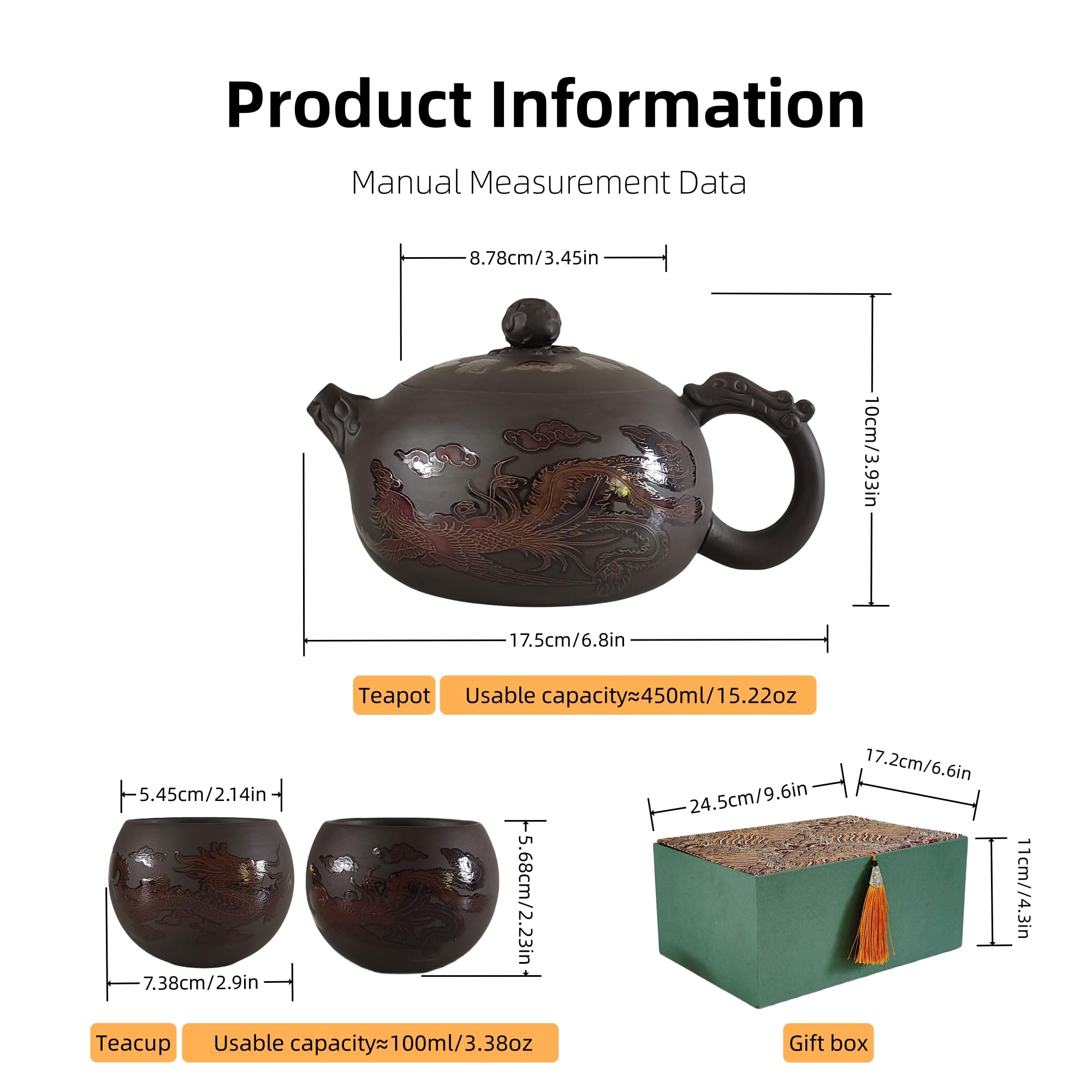 Yixing Zisha Teekanne Set 450ML, Chinesische Farbwechselnde Teekannen Ton mit Geschenkbox, Groß Kung Fu Lila Teeset Handgefertigte, Drache und Phönix