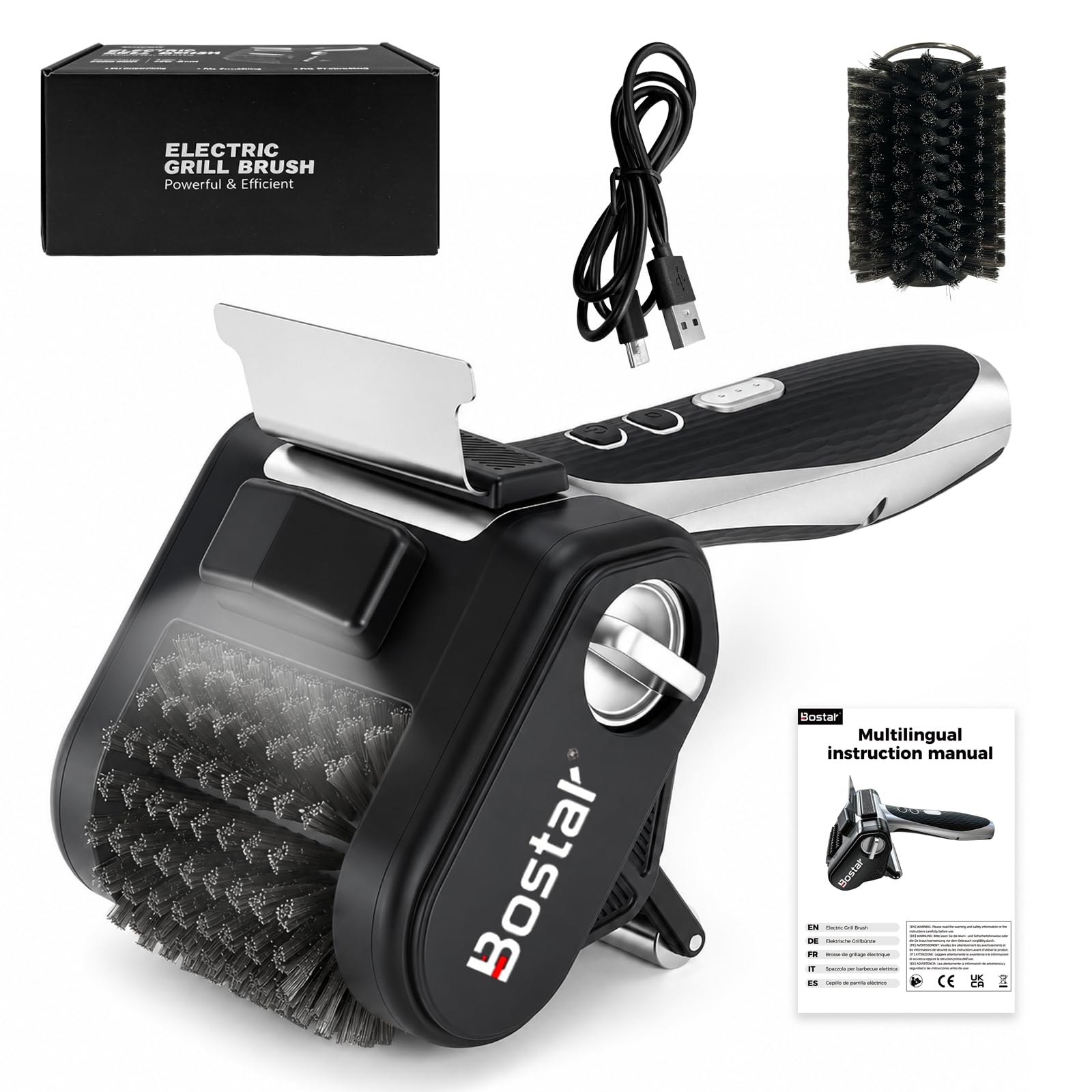 Bostar Cepillo Barbacoa Eléctrico Inalámbrico - 4000mAh Limpiador de Parrillas con Raspador de INOX y Luz LED, 450 RPM Potente para Gas y Carbón, Incluye 1 Rodillo de Repuesto