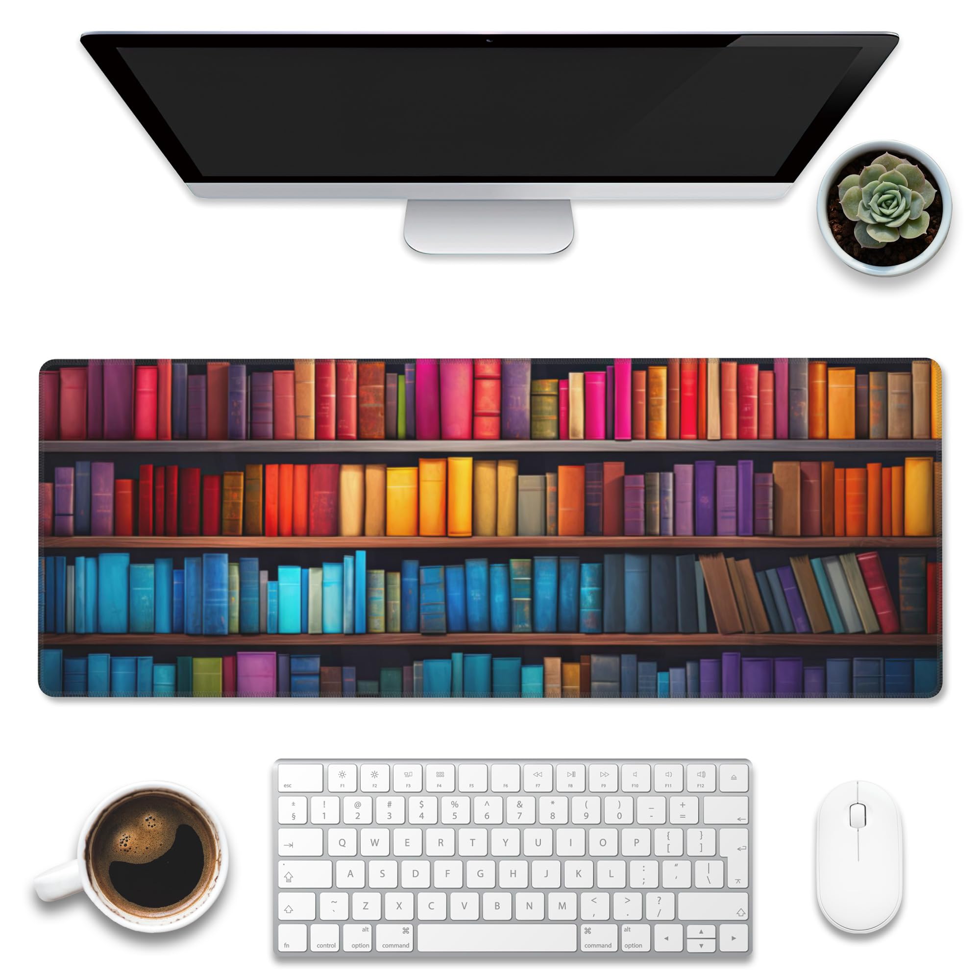 Eflxamz Large Gaming Mouse Pad for Desk,Bookshelves Full of Books Desk Mat,Colorful Books Desk Pad,Extended Big Computer Keyboard Mouse Pad with