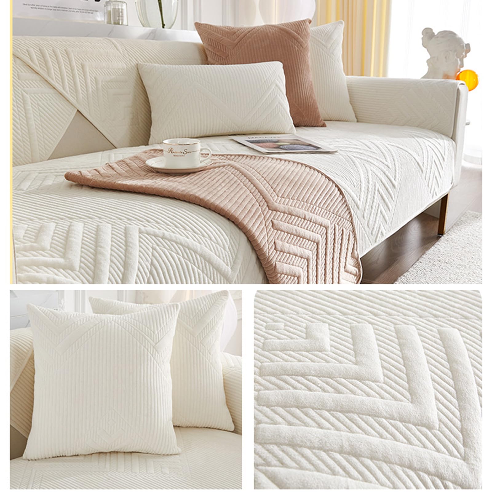 AOPPLSOT Sofa Cover 1/2/3/4 Seater, Non-Slip Sofa Cover, Couch Cover L Shape/U Shape, Chenille,Sofa Protector Cat Dog,Corner Sofa, Couch Protector for Seat,Off White,110 * 180cm