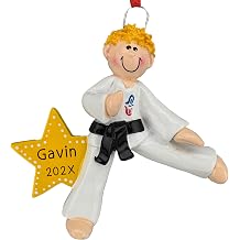Personalized Karate Ornament 2026 for Boys, Blond Black Belt Martial Arts