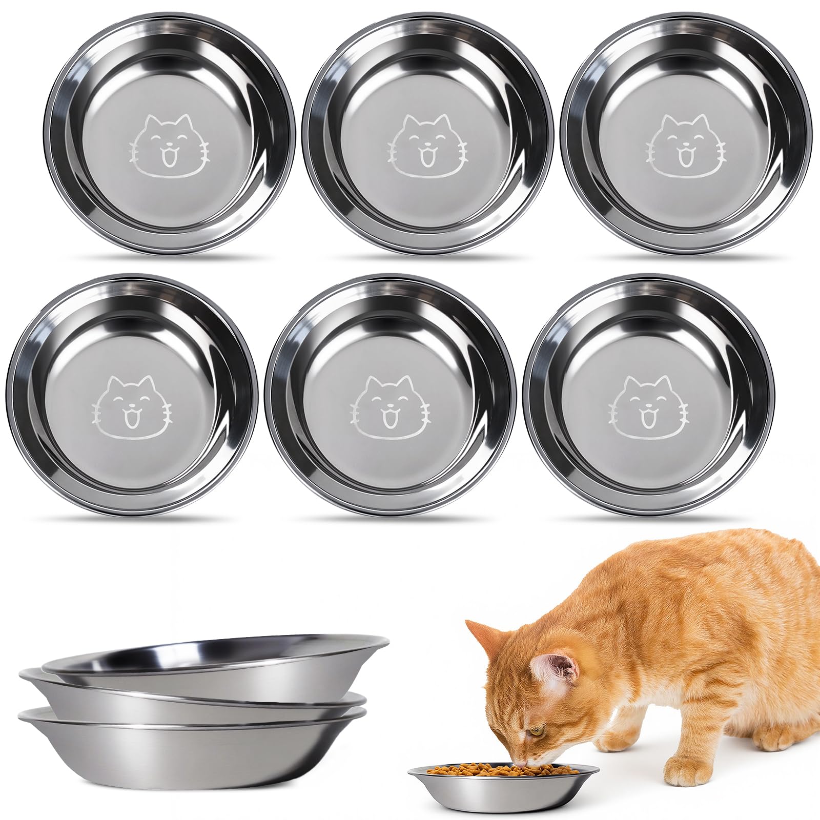 6 Piezas Cuenco para Gato Inoxidable 304, Cuenco Plano para Gatos Aliviar La Fatiga de Los Bigotes, para Alimentación de Cachorros Gatos 14,5 × 3 cm