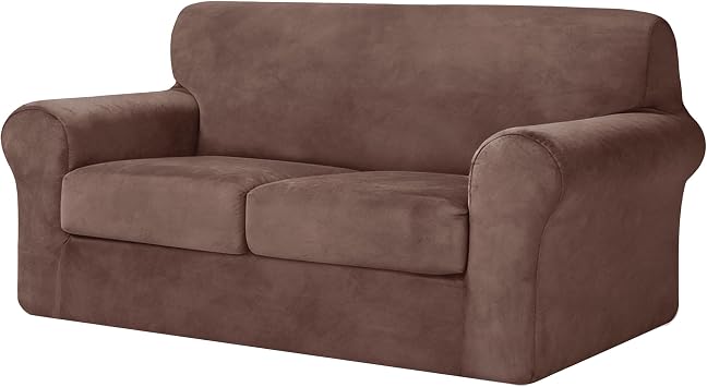CHUN YI 3 Piece Velvet Couch Covers for 2 Cushion Couch, Water Resistant Loveseat Covers, Non Slip High Stretch Thick Furniture Protector for Dogs Pets, Medium, Brown