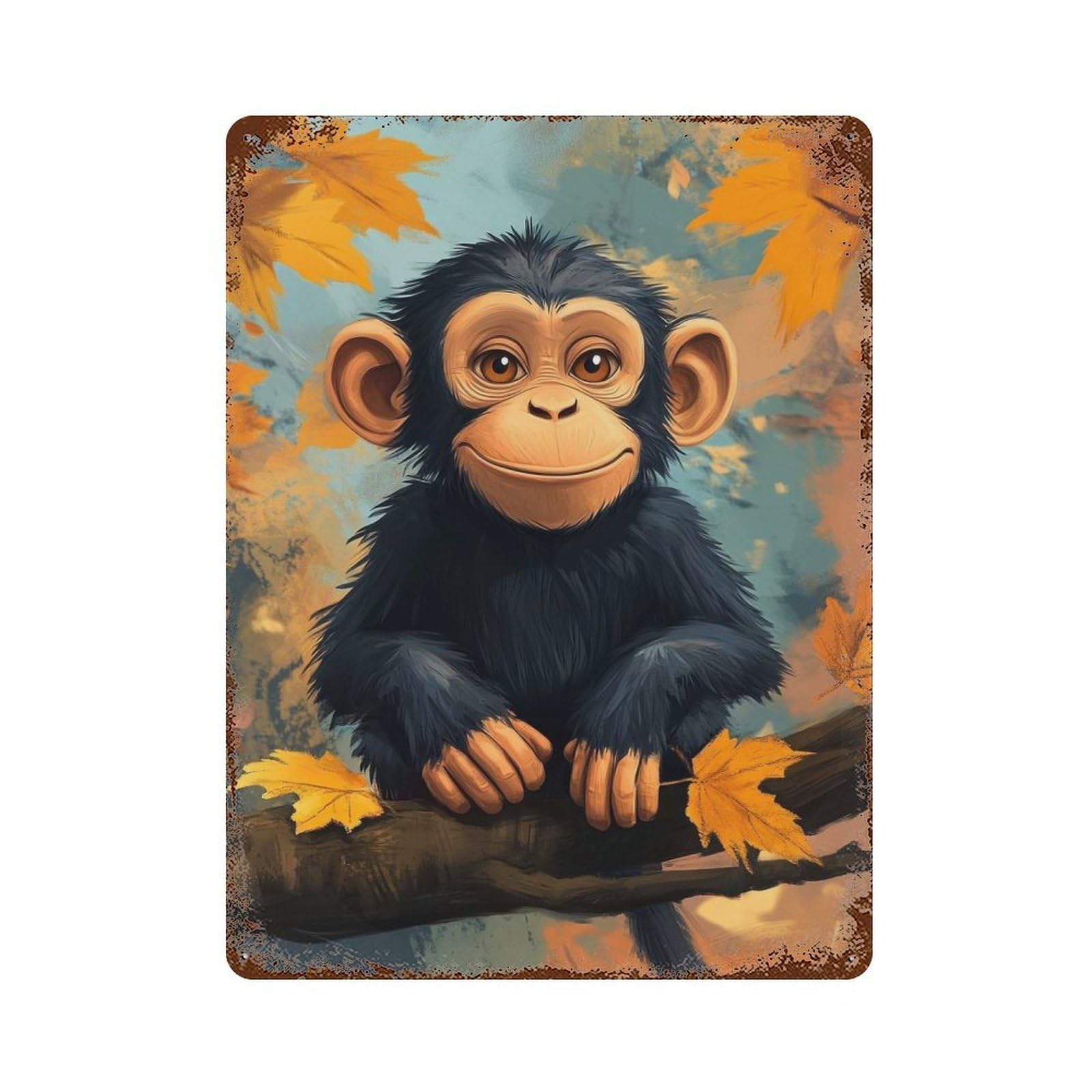 Rust Effect Smiling Chimpanzee Art Weathered Tin Sign 15.7"x11.8", Classic Wall Plaque for Living Room, Hallway And Home Decor