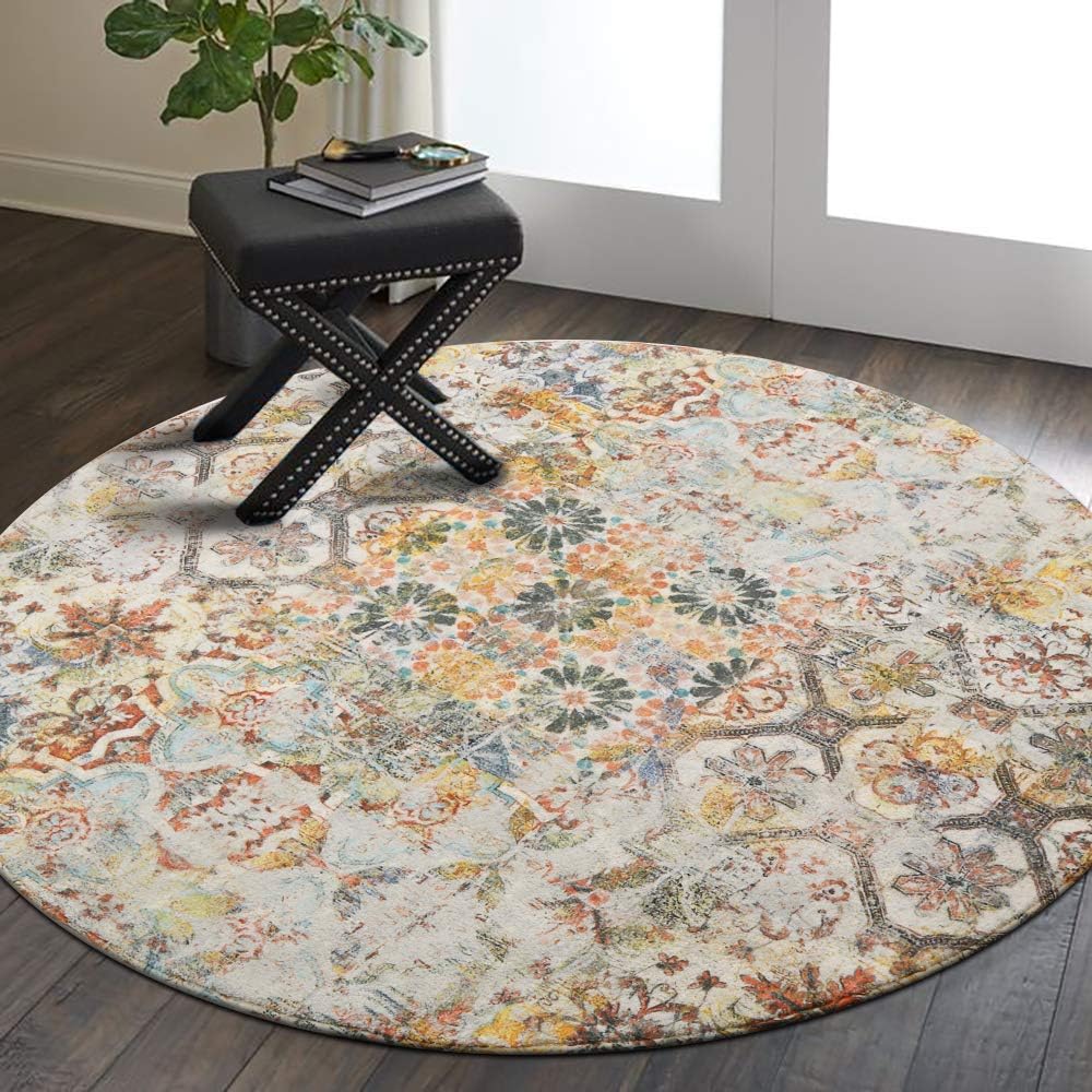 Lahome Collection Traditional Oriental Area Rug - 2' X 3' Non-Slip Distressed Vintage Area Rug Small Accent Throw Rugs Floor Carpet for Door Mat Entryway Living Room Bedrooms Decor 4' Diameter