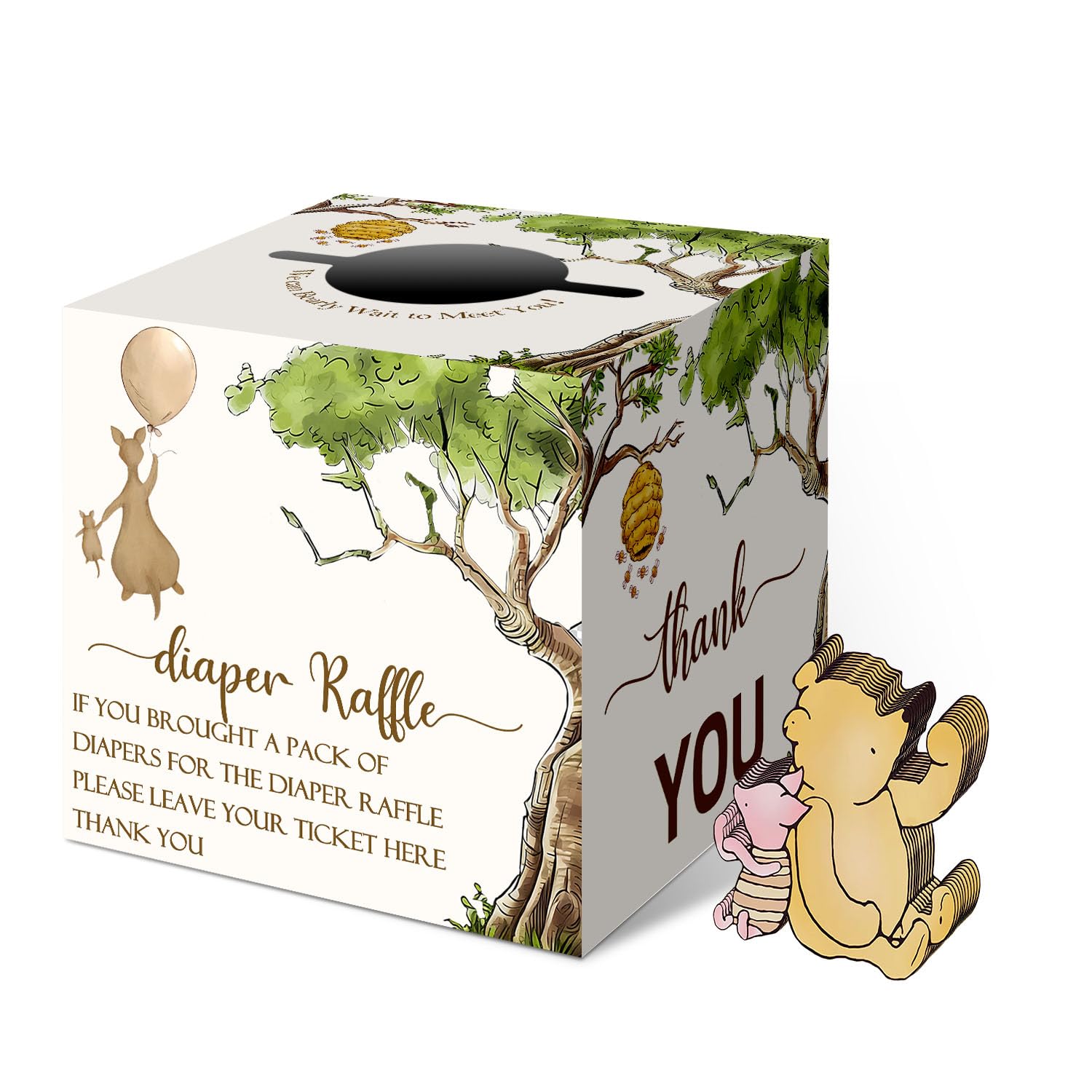 cidobi 51Pcs Winnie Baby Shower Party Decor, Diaper Raffle Box with 50 Writing Cards, the Pooh Diaper Raffle Tickets Set for Baby Shower, Party Favors Decorations Supplies