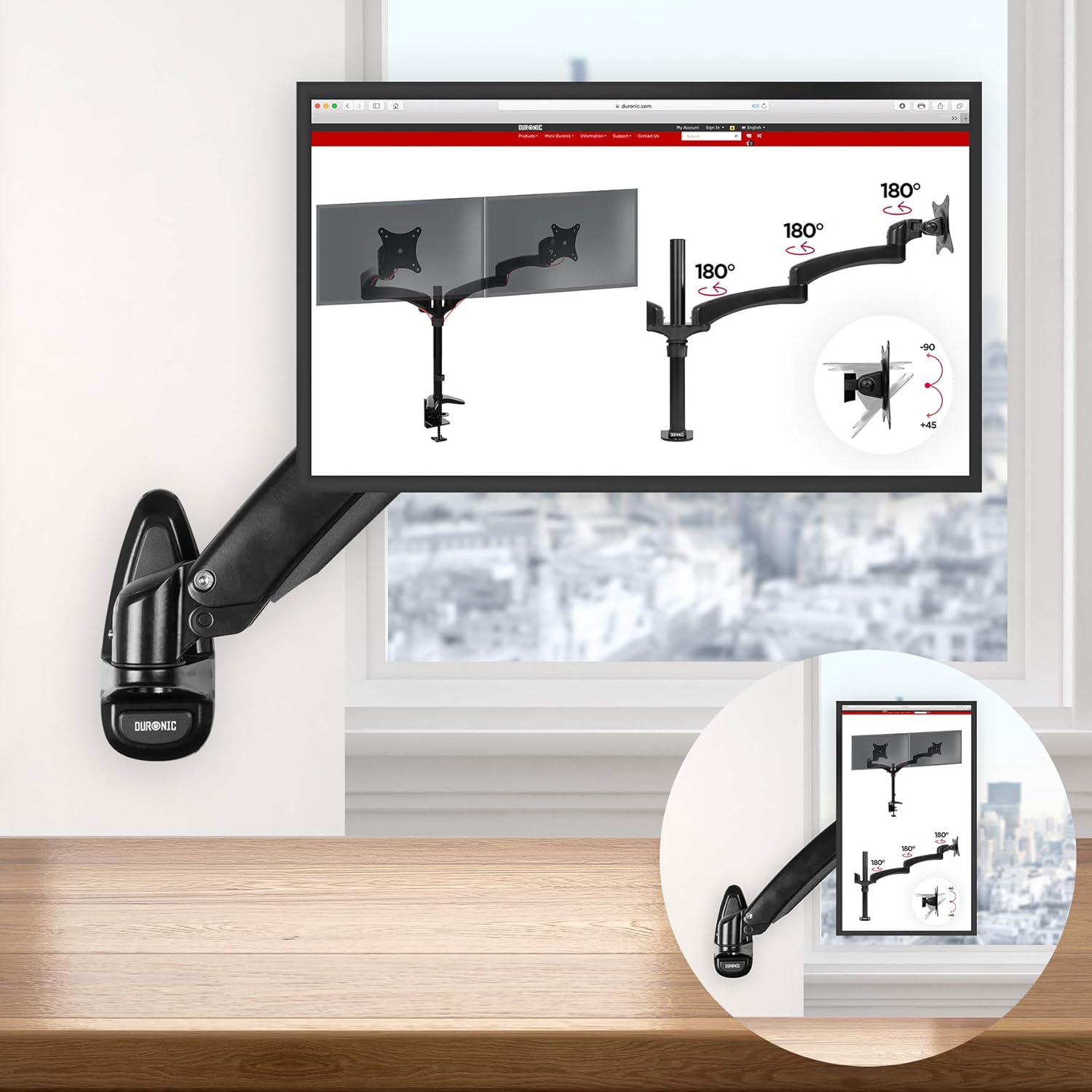 Duronic Monitor Arm Wall Mount DM55W1X1 | Spring Bracket for Single PC Computer Screen | Sprung | for One 15”-27” LED LCD TV Television | VESA 75/100 Fixing | Tilt +85°/-90°, Swivel 180°, Rotate 360°