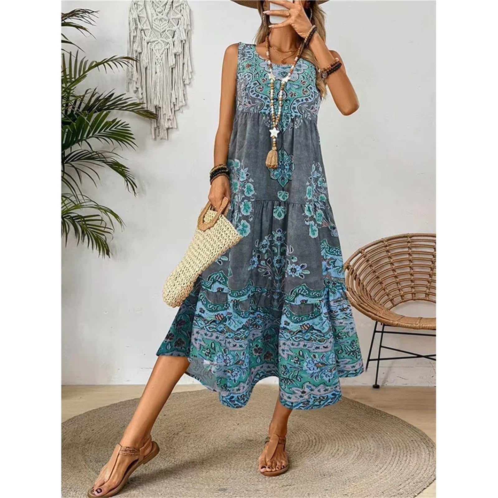 Vestido de Playa con Estampado Verano, Cuello Redondo, sin Mangas, for Mujer, Adecuado for Uso Informal o Vacaciones