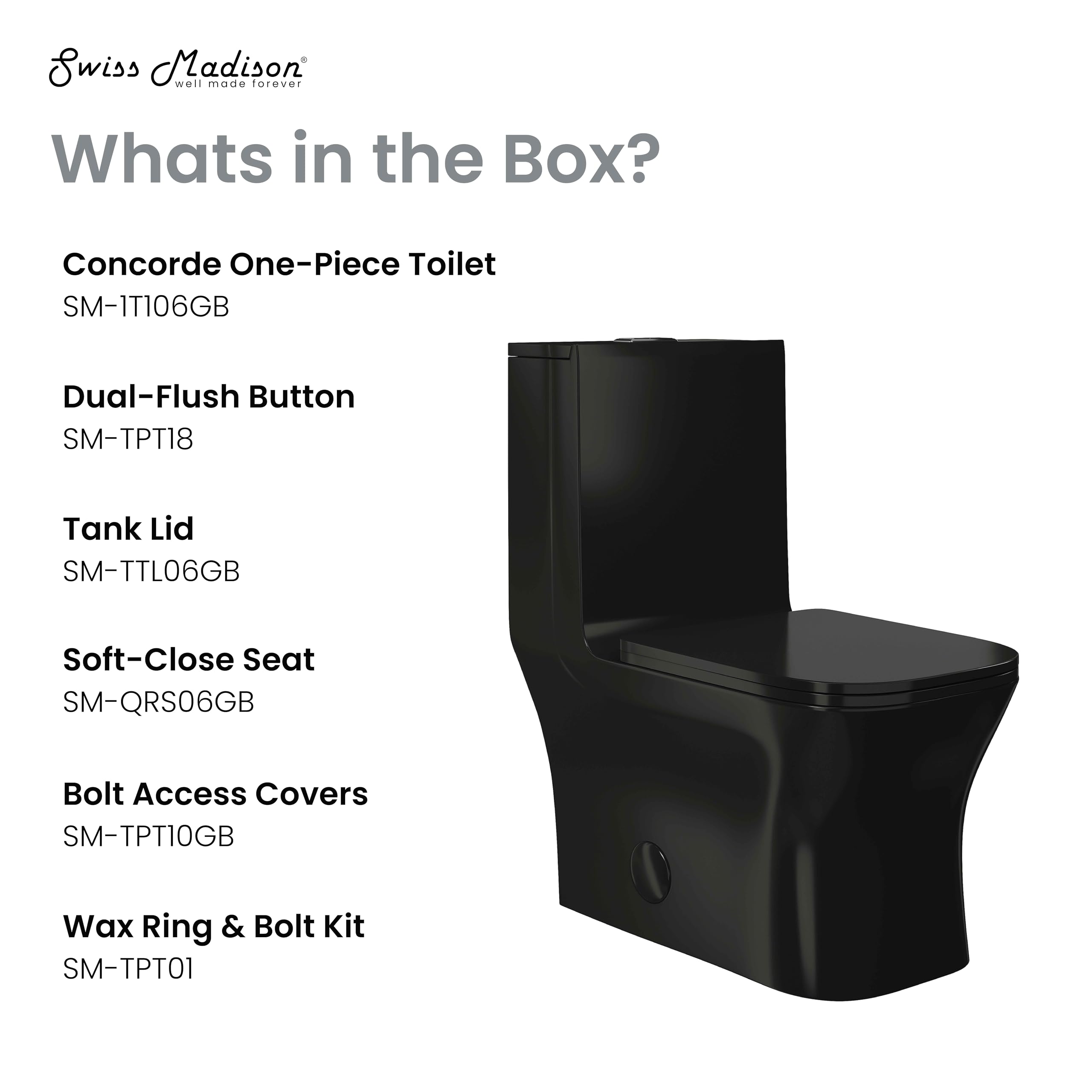 Concorde One Piece Square Toilet Dual Flush in Glossy Black 1.1