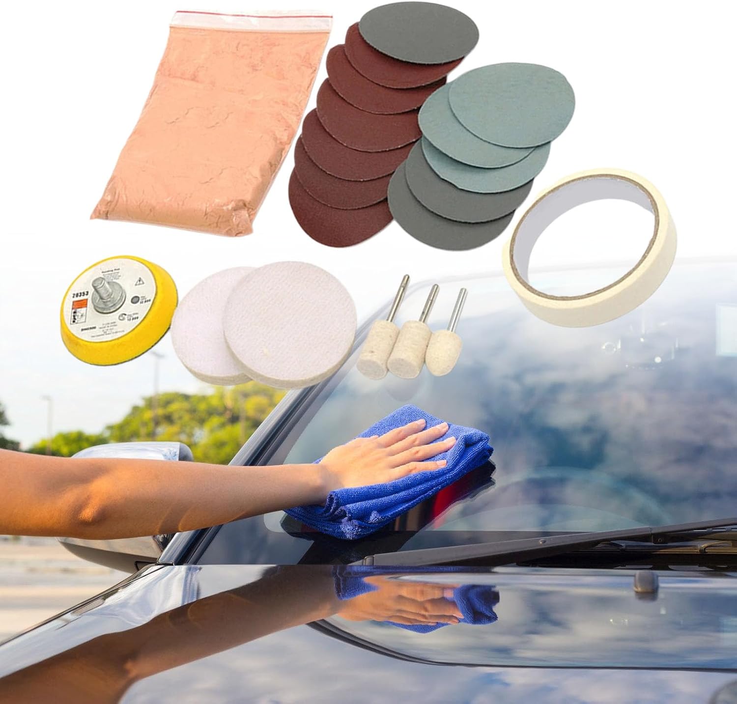 20PCS Car Glass Polishing Set with Sandpaper for Windshield Scratch Removal and Restoration Auto Glass Polishing Pad