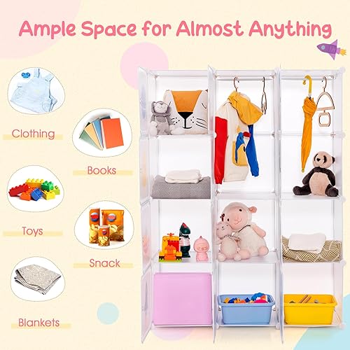 Miniatura 5 de INFANS Armario para niños, armario portátil para bebé, lindo para dormitorio de niños, armario de guardería con puertas, 12 cubos, 2 secciones para