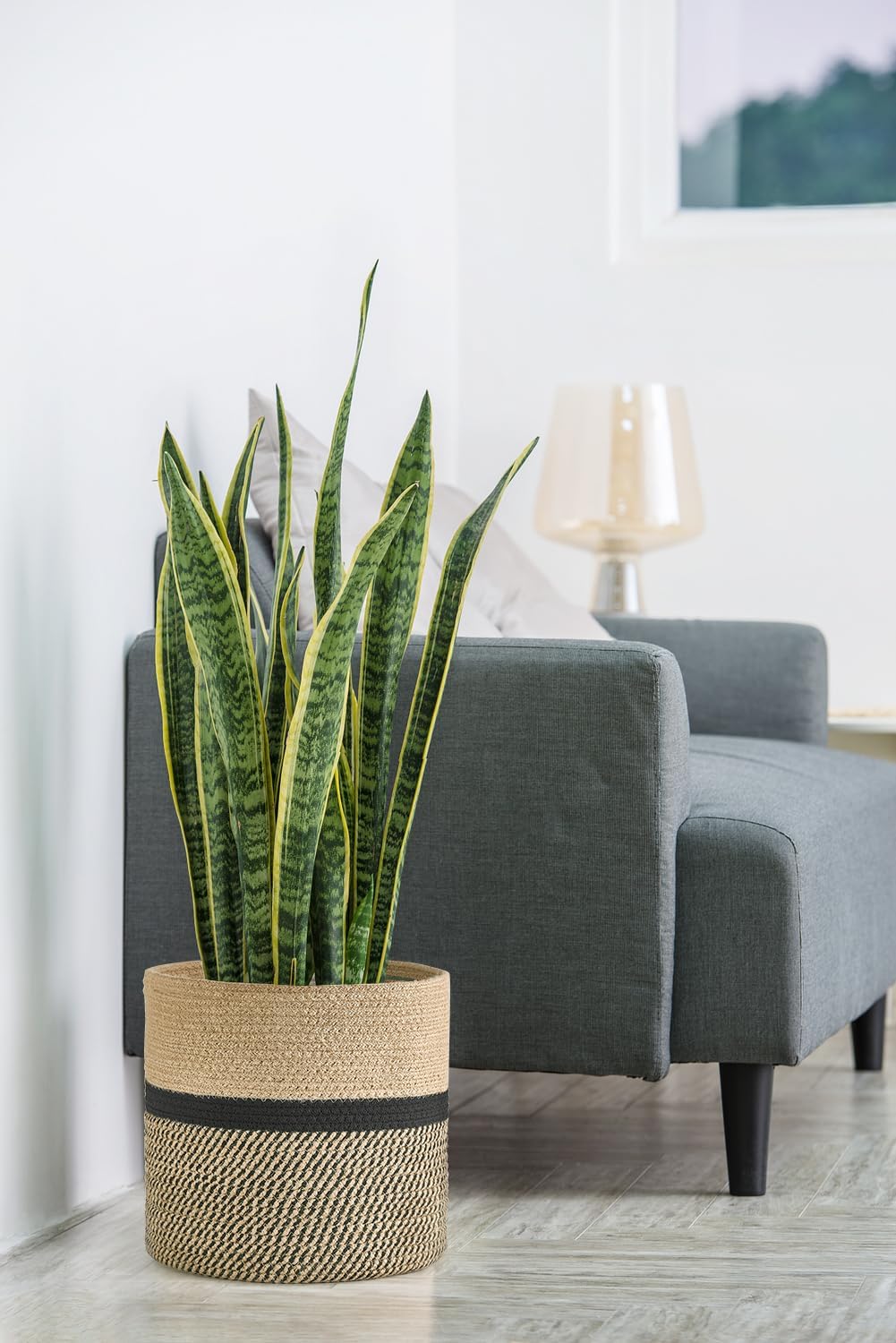 dahey jute rope plant basket modern woven storage basket for 12" indoor planter, decorative flower pots cover laundry bin with handle rustic home decor, black 12"w × 12"h black