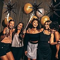 Vista 6 de 6 Globos de Papel de Aluminio con Forma de Estrella Negra de Una Pieza, Globo de Estrella de 14 Puntas 4D Cono Starburst de Mylar de 22 Pulgadas