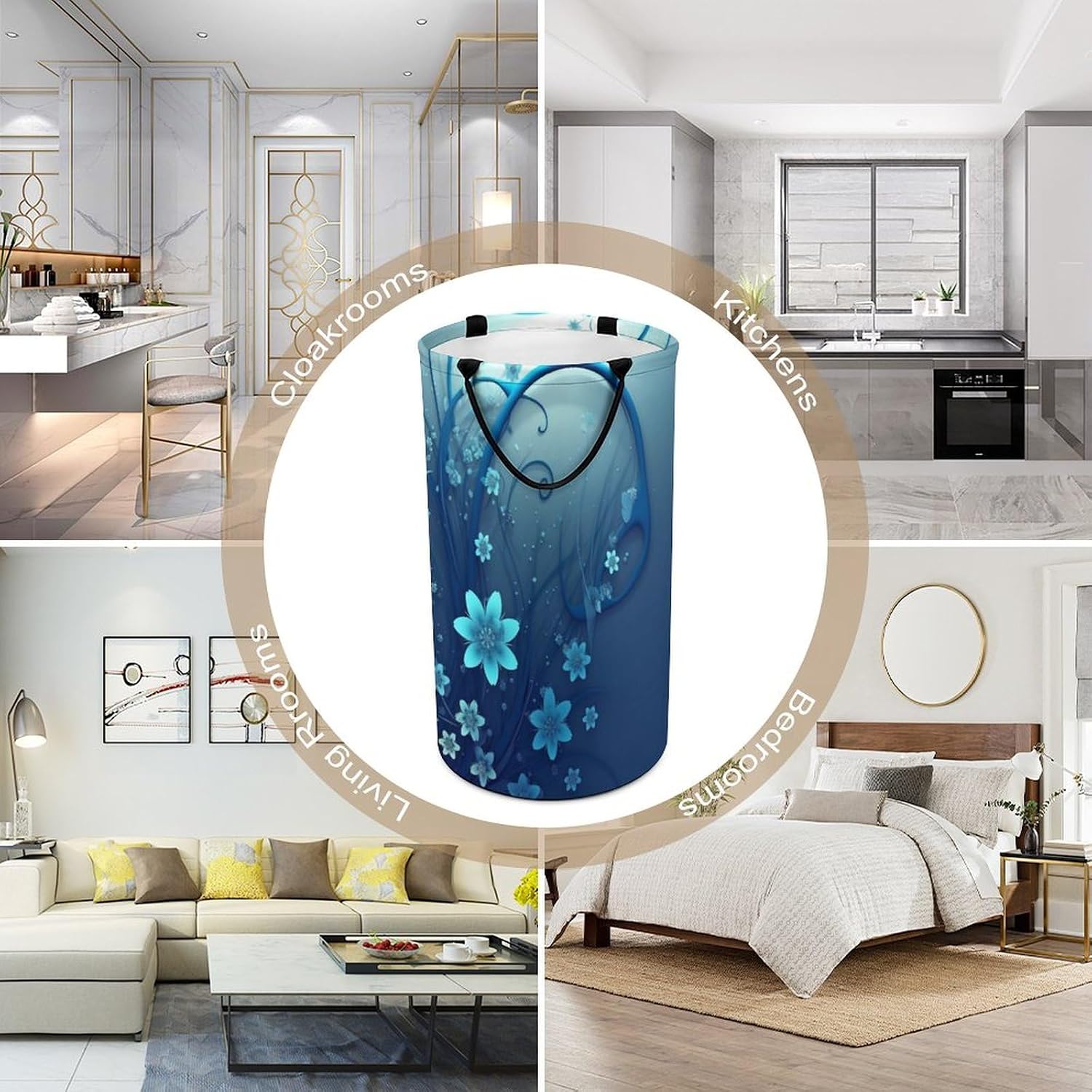 Large Laundry Hamper with Handle Waterproof Laundry Basket Collapsible Dirty Clothes Hamper Blue Mini Flower Swirl Laundry Bag for Clothes Toys in Bedroom 15.7x27.2 In