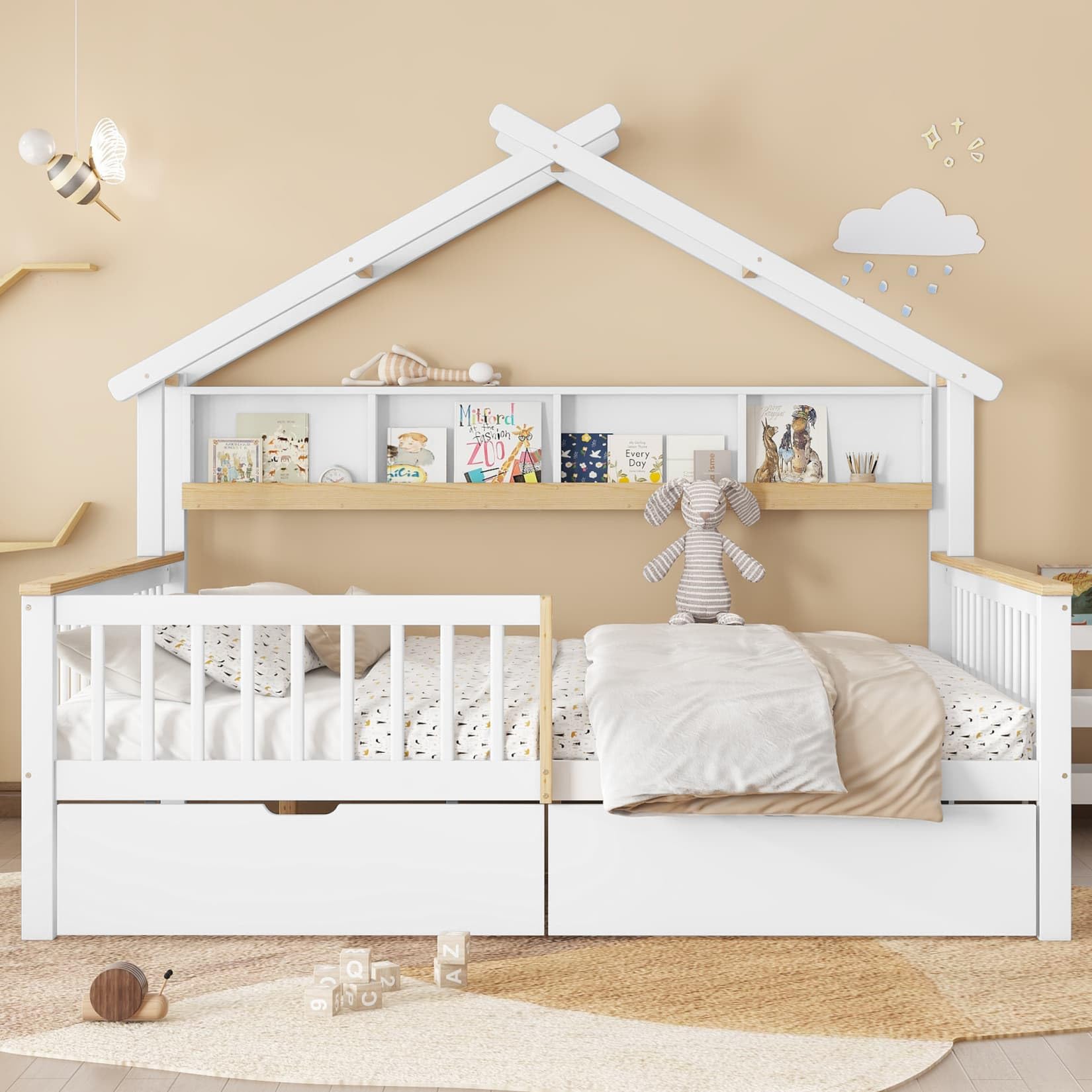 PUGSDRLY Lit Enfant 140x200cm avec 2 Tiroirs sur roulettes,Lit Cabane Enfant avec Barrières et Compartiments de Rangement,Cadre en Pin avec Sommier à Lattes,sans Matela