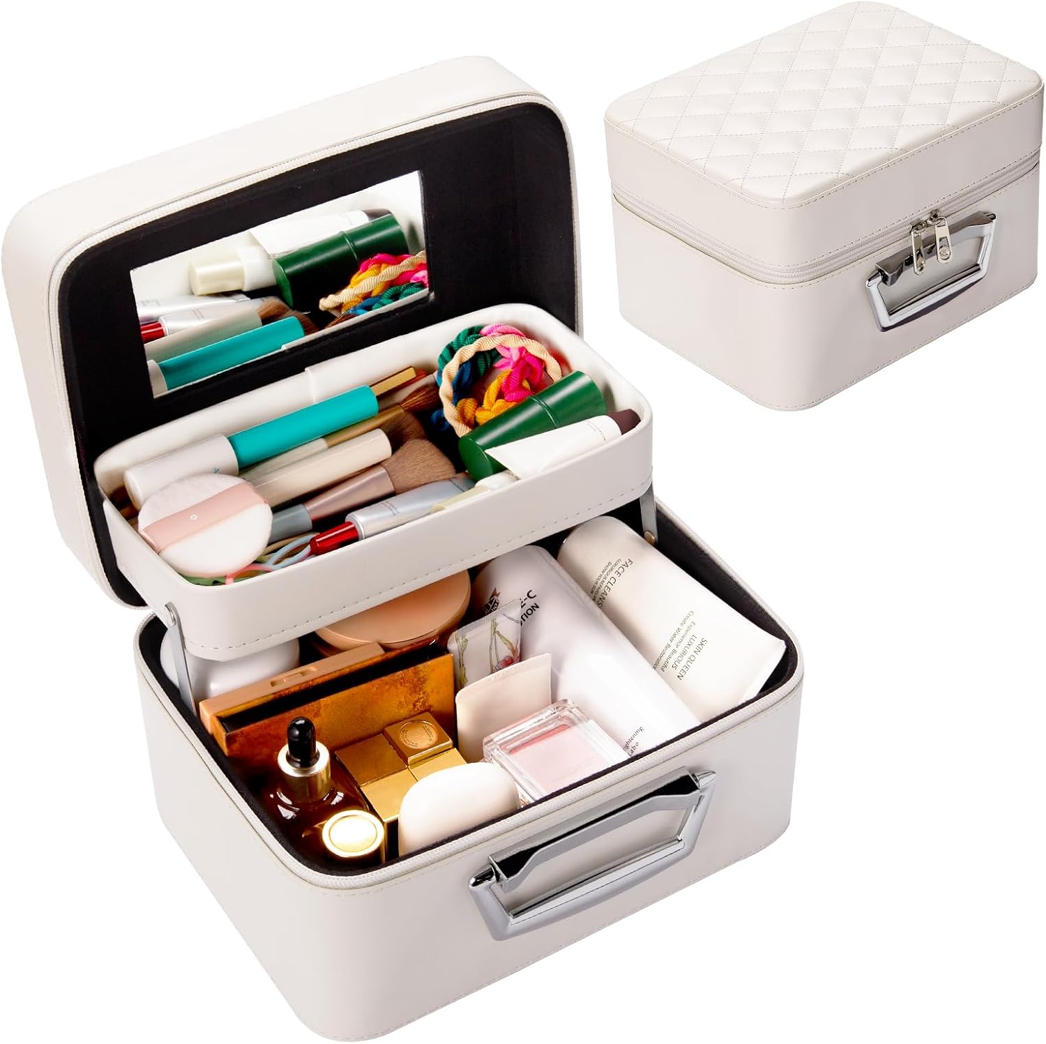 Abiudeng Luxury Quilted Cosmetic Case with HD Mirror Double Layer Waterproof White Makeup Organizer, Sturdy Metal Handle Soft Black Velvet Lining for Cosmetics Toiletries Brushes for Travel Daily Use
