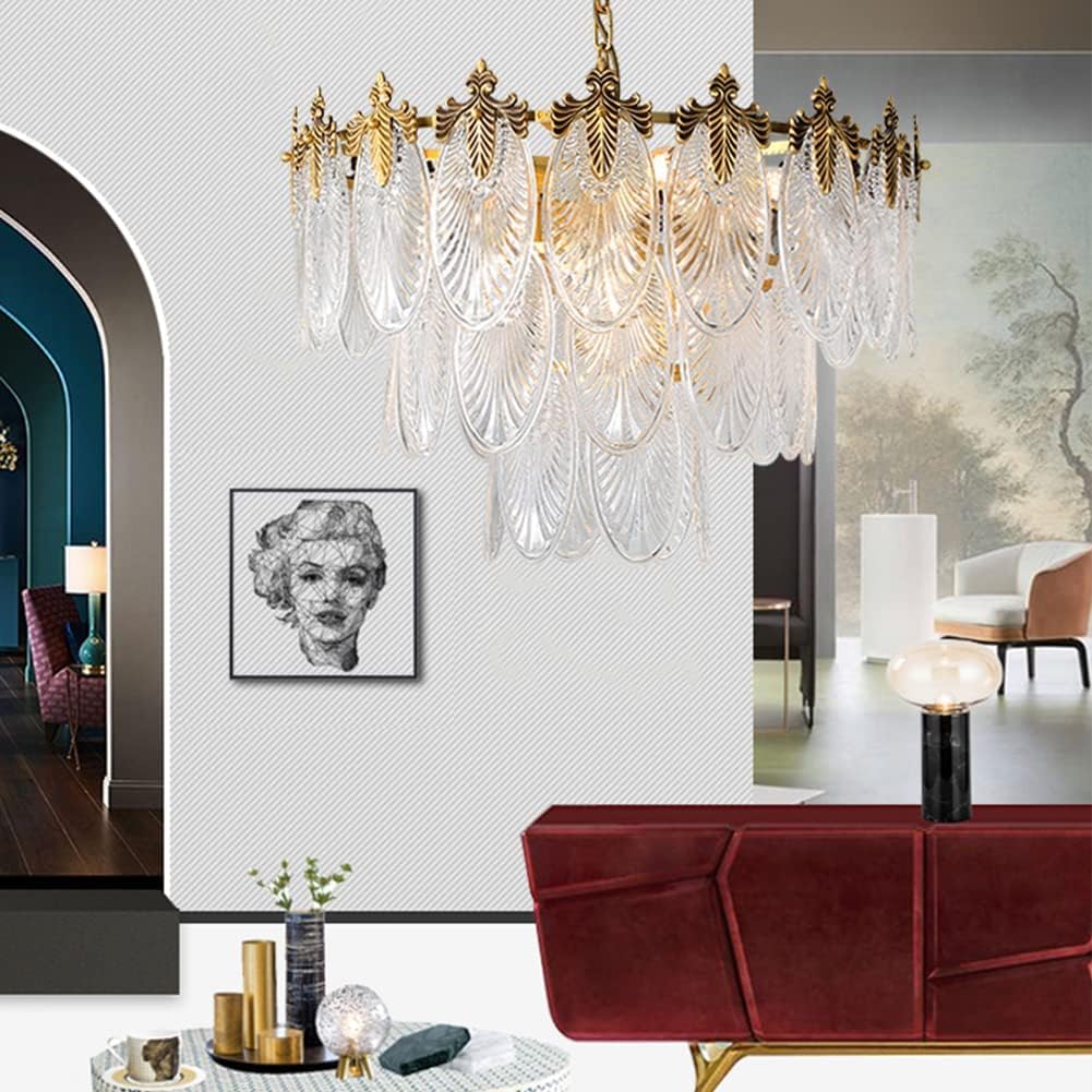 FanErsai Modern Crystal Chandelier Golden Vintage Pendant Lighting with Leaf Crystal Drum 8-Light French Raindrop Ceiling Light Fixture Perfect for Living Room Dining Room Bedroom Entryway Foyer