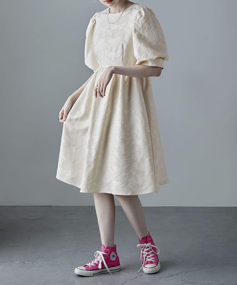 Amazon.co.jp: [etoll] ジャガードパフスリーブドレス ワンピ