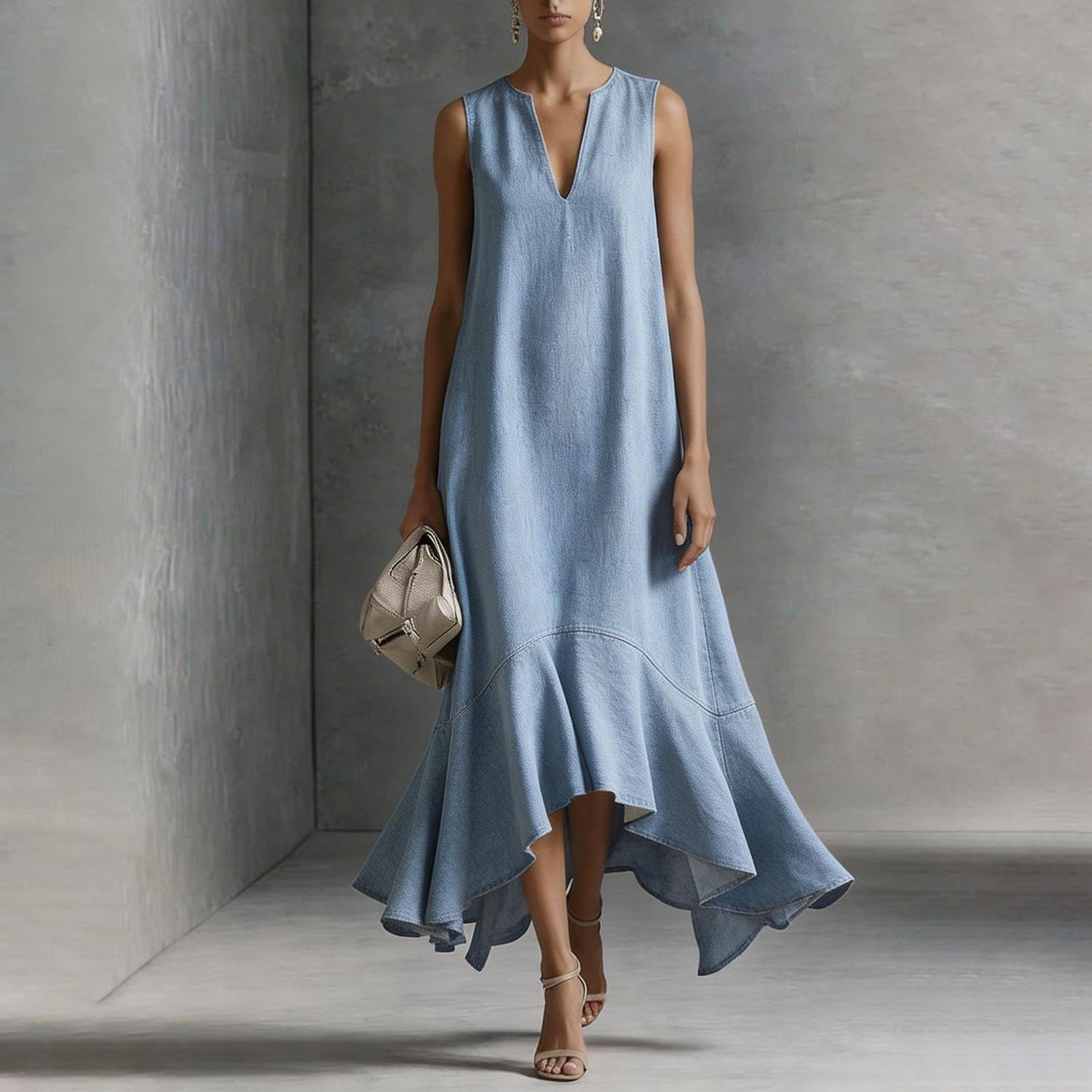 Robe longue en jean sans manches avec col en V pour femme, robe d'été décontractée pour les vacances à la plage et les loisirs quotidiens