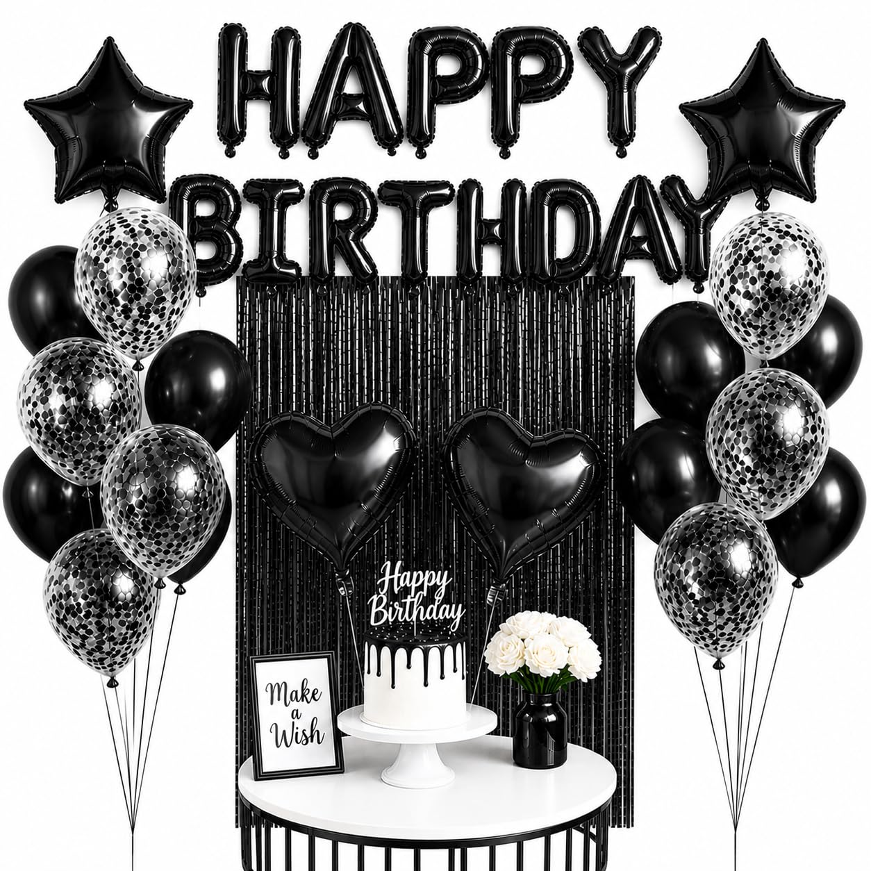 Happy Birthday Balloon Decoration Kit – Metallic Party Backdrop Set with Foil Letter Balloons, Confetti & Latex Balloons, Fringe Curtain & Heart Balloons (BLACK SET)