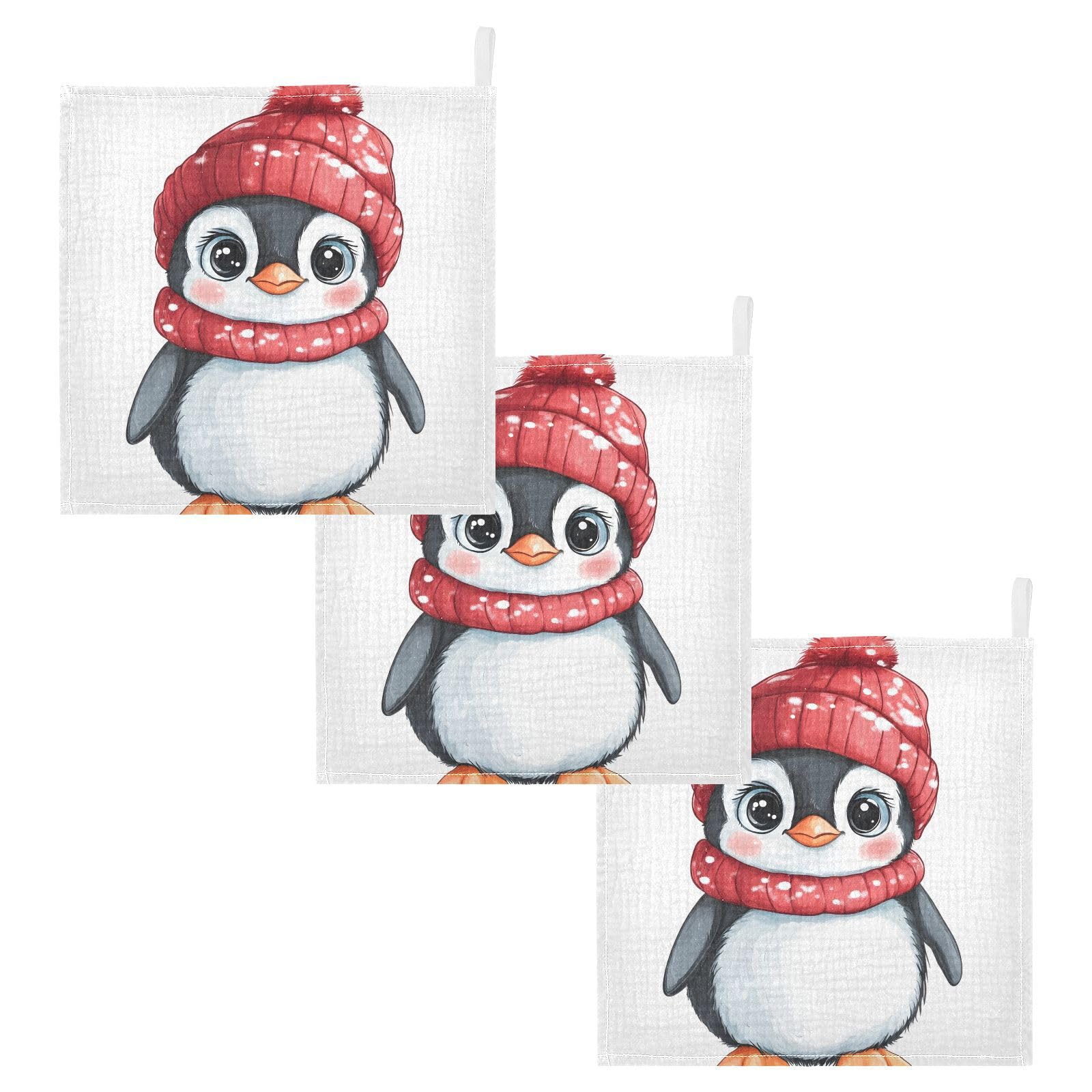 YETTASBIN Penguin Muslin Baby Hand Washcloths Soft Cotton Bath Face Towel 4 Layers Extra Absorbent Feeding Burp Cloth
