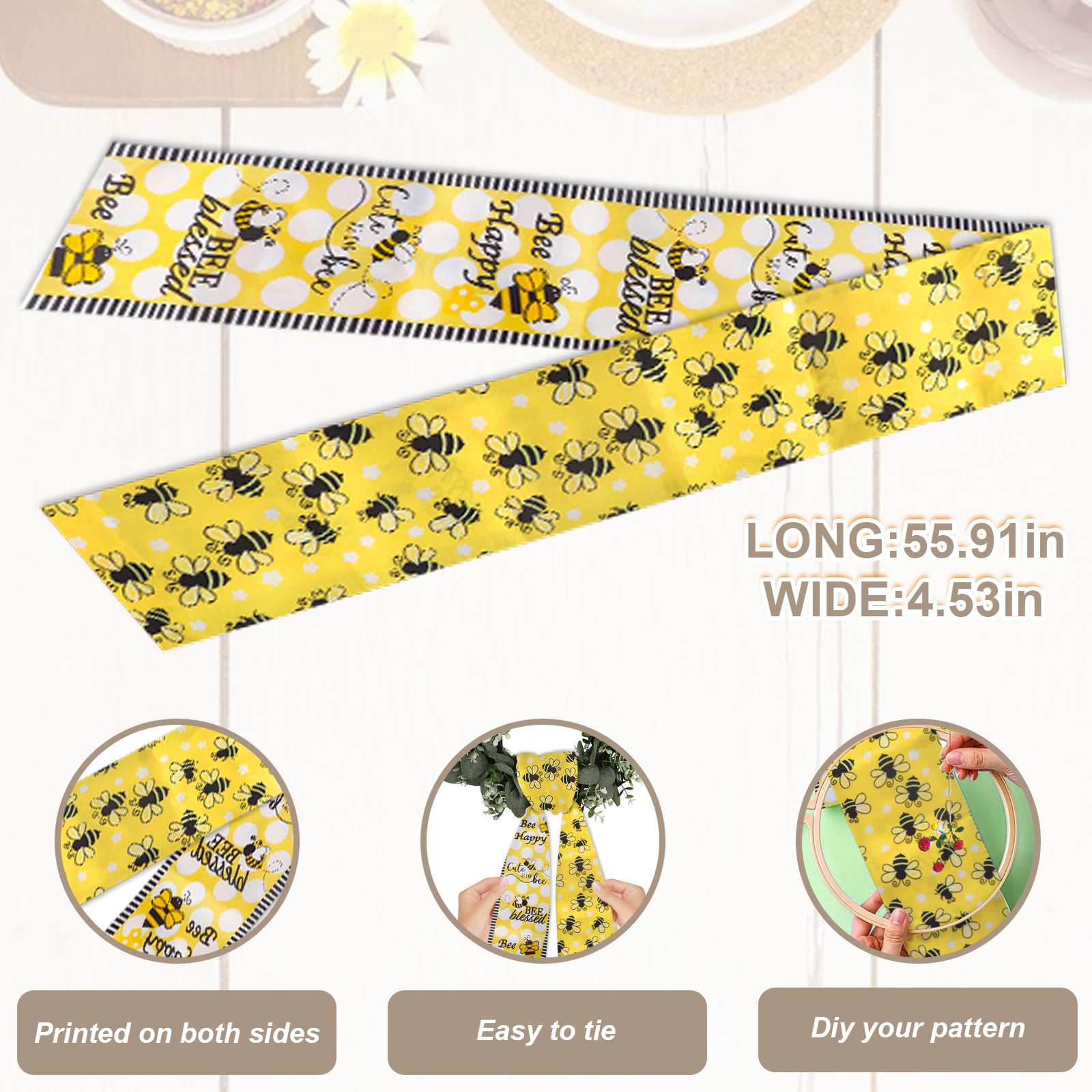 Habbiful Spring Wreath Sash for Front Door Yellow Bees Sash Holiday Wreath Accessories for Home Garland Wedding Birthday Party Decorations