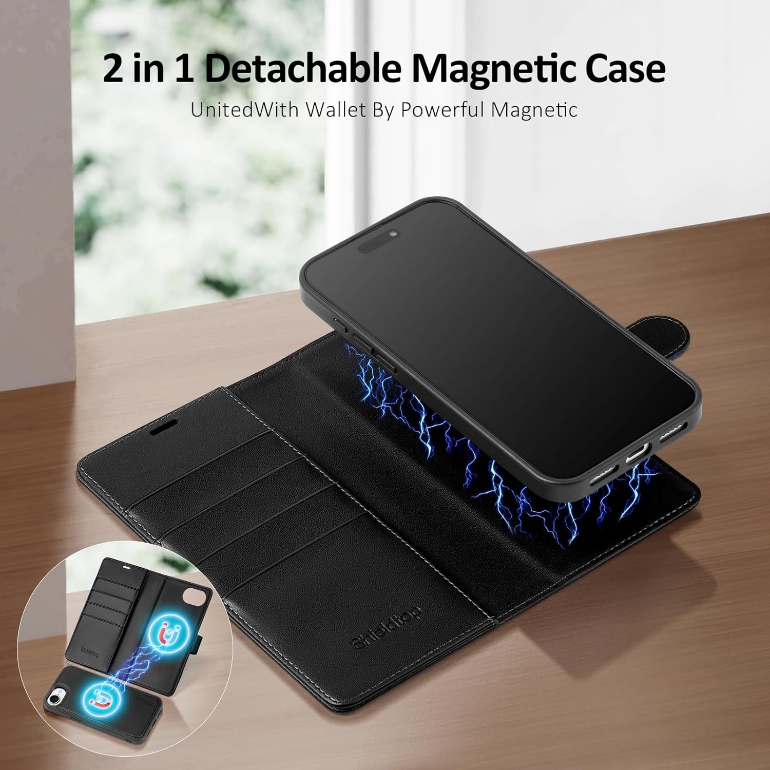 Shieldtop Compatible with Magsafe Magnetic 2 in 1 Detachable iPhone 17e / 16e Wallet Case with Card Holder Credit Card Slots Men Women,PU Leather RFID Blocking Flip Kickstand for Apple 17e,Black