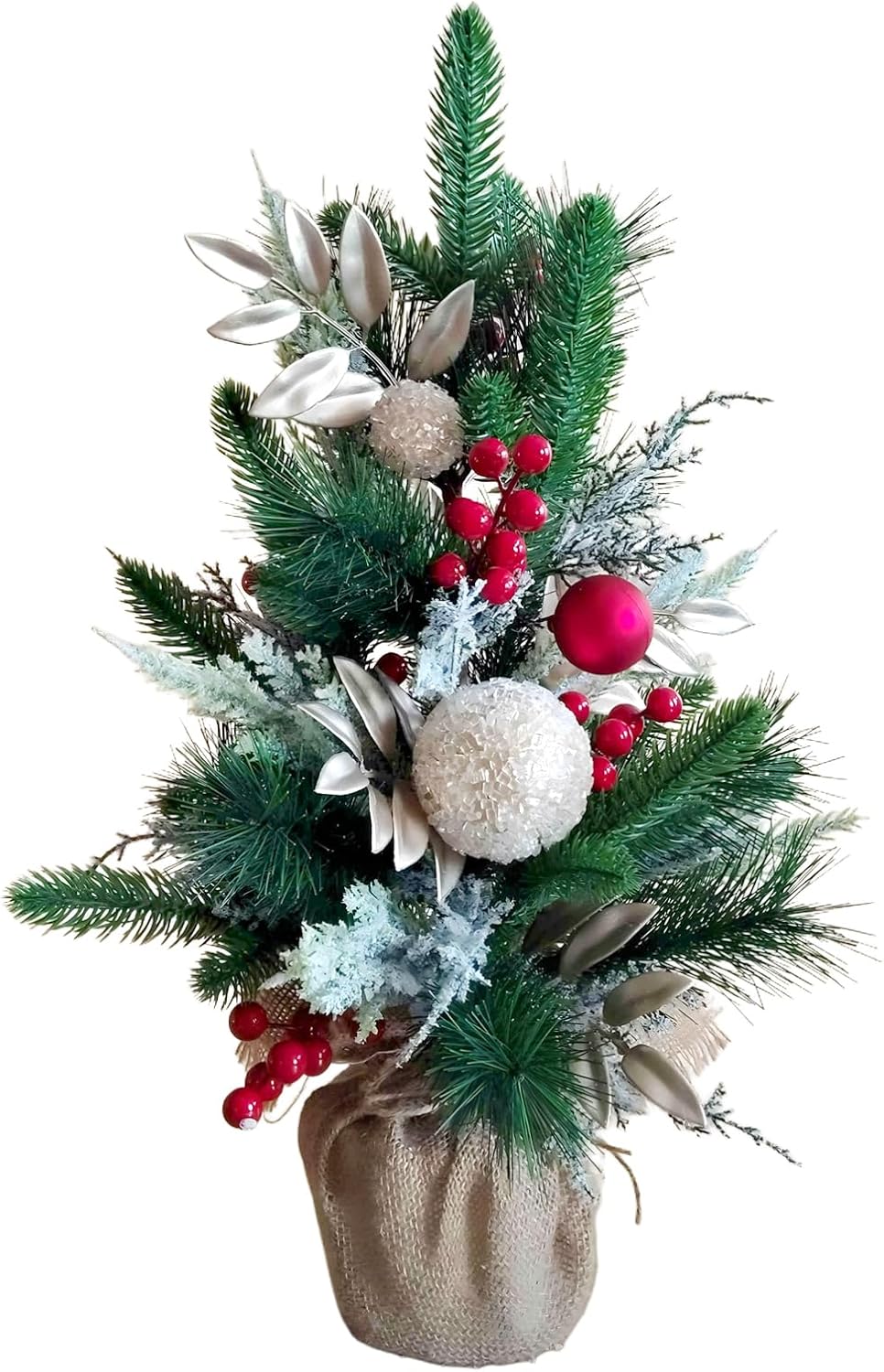 idyllic 21 Inch Snowy Mini Christmas Tree with Red Berries - Small Tabletop Flocked Christmas Decorations for Holiday Party, Home, Office - Includes Cloth Bag Base