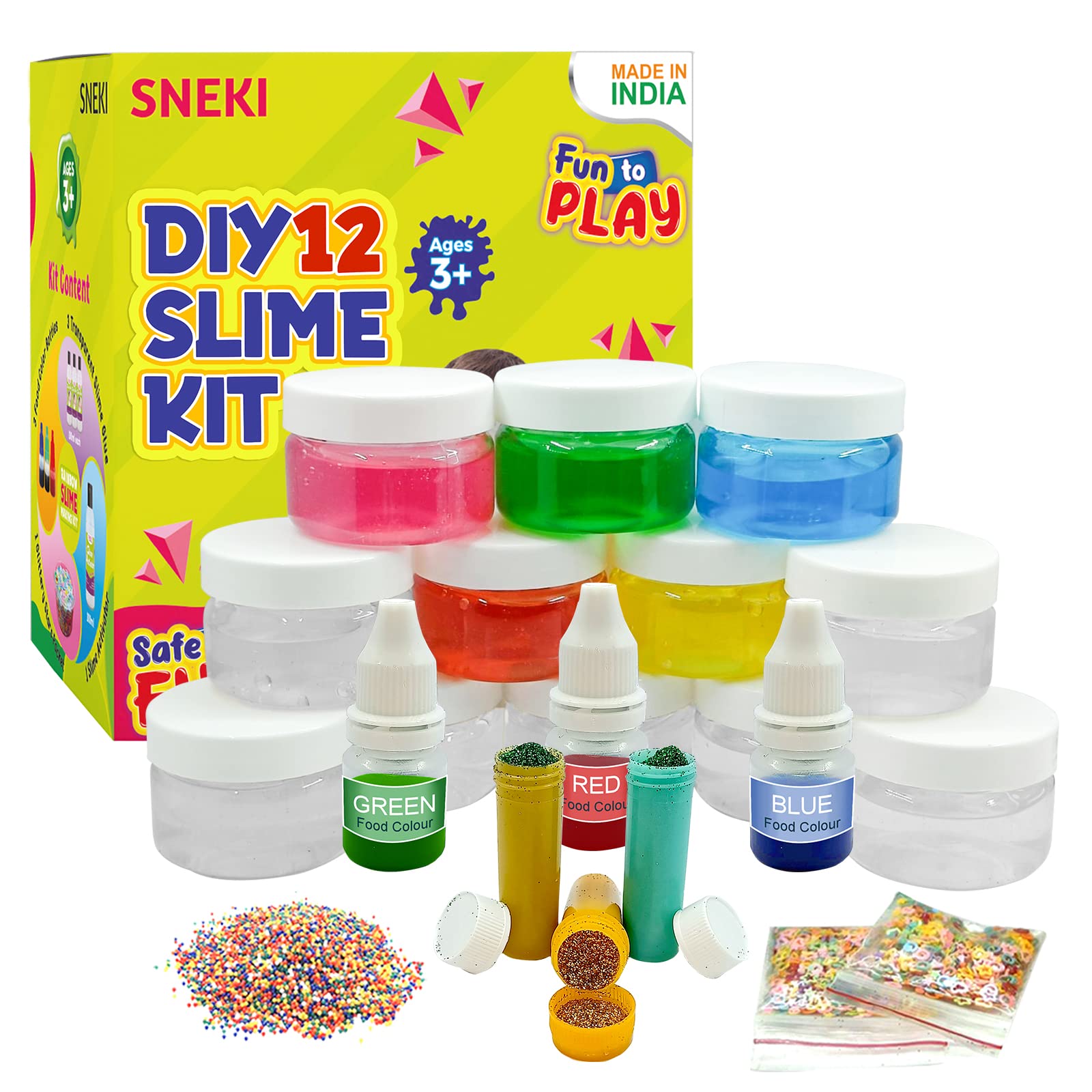 SNEKI 12 Slime Kit Non Sticky Crystal Clay Kids Slime Jelly Putty Toy for Kids Educational Creative DIY Toys Stress Relief Toy Kit for Girls Boys with Glitter Charms Stars Food Colors Beads Ball Set