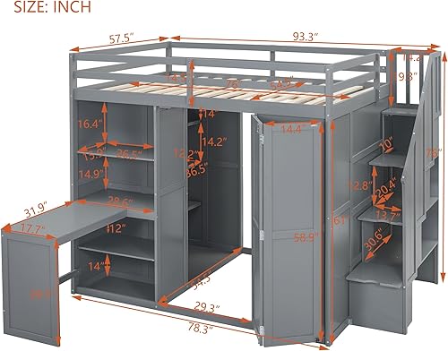 Miniatura 20 de Cama alta funcional tamaño individual con 2 cajones y 2 armarios, base de cama de madera maciza con barandilla de seguridad y escalera de