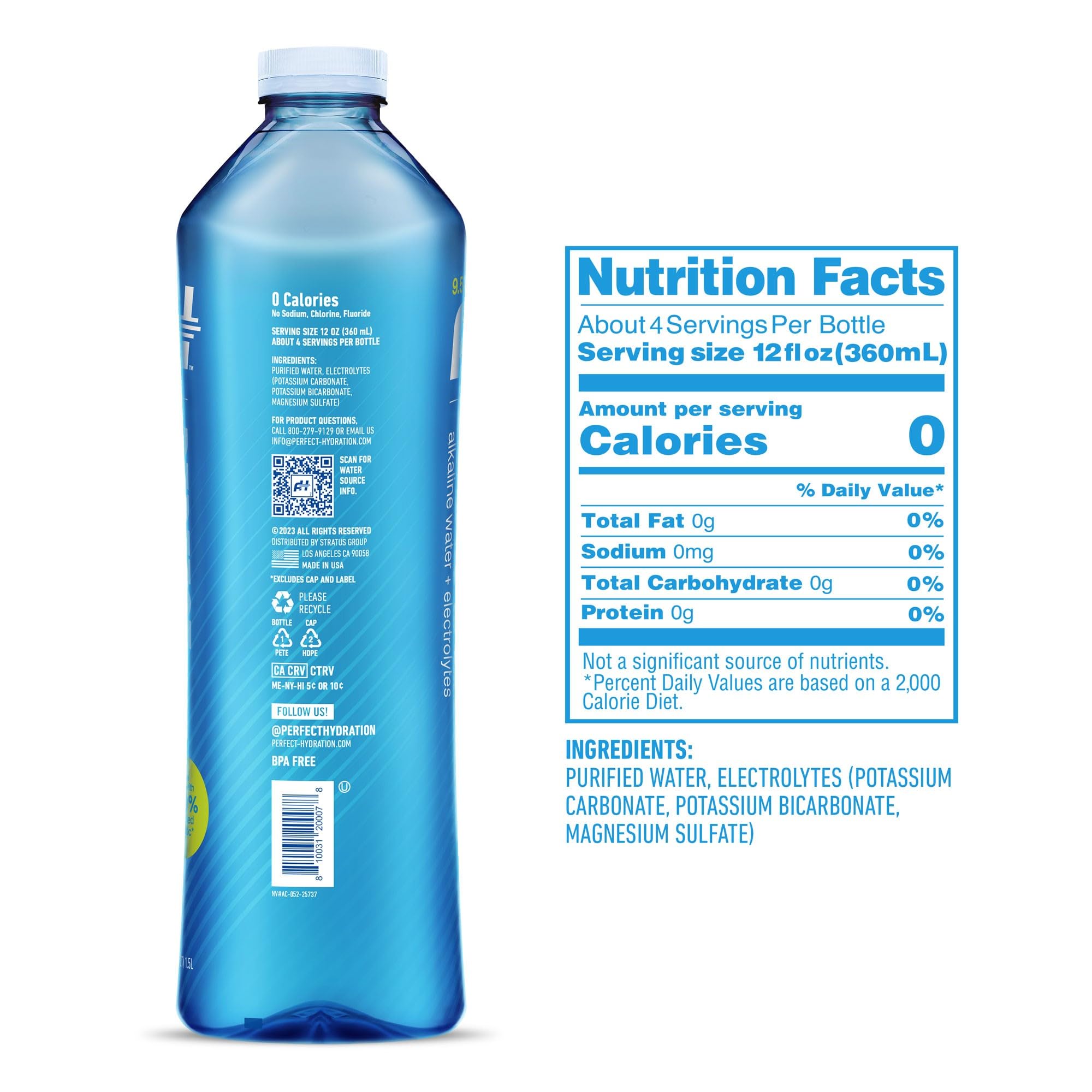 Perfect Hydration 9.5+ pH Alkaline Drinking Water, Made in the USA, 1.5-Liter Bottle, Case of 12, 3-Pack