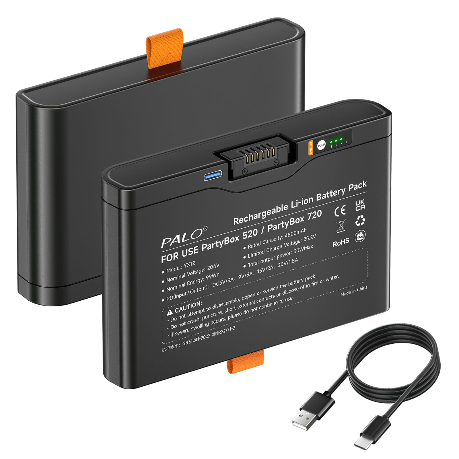 2 Stück 4800mAh Akku 600 für -JBL Partybox Stage 520, Partybox Stage 720, JBL Boombox 4 - PD 30W Schnellade Akku mit USB-Ausgang/USB-Eingang