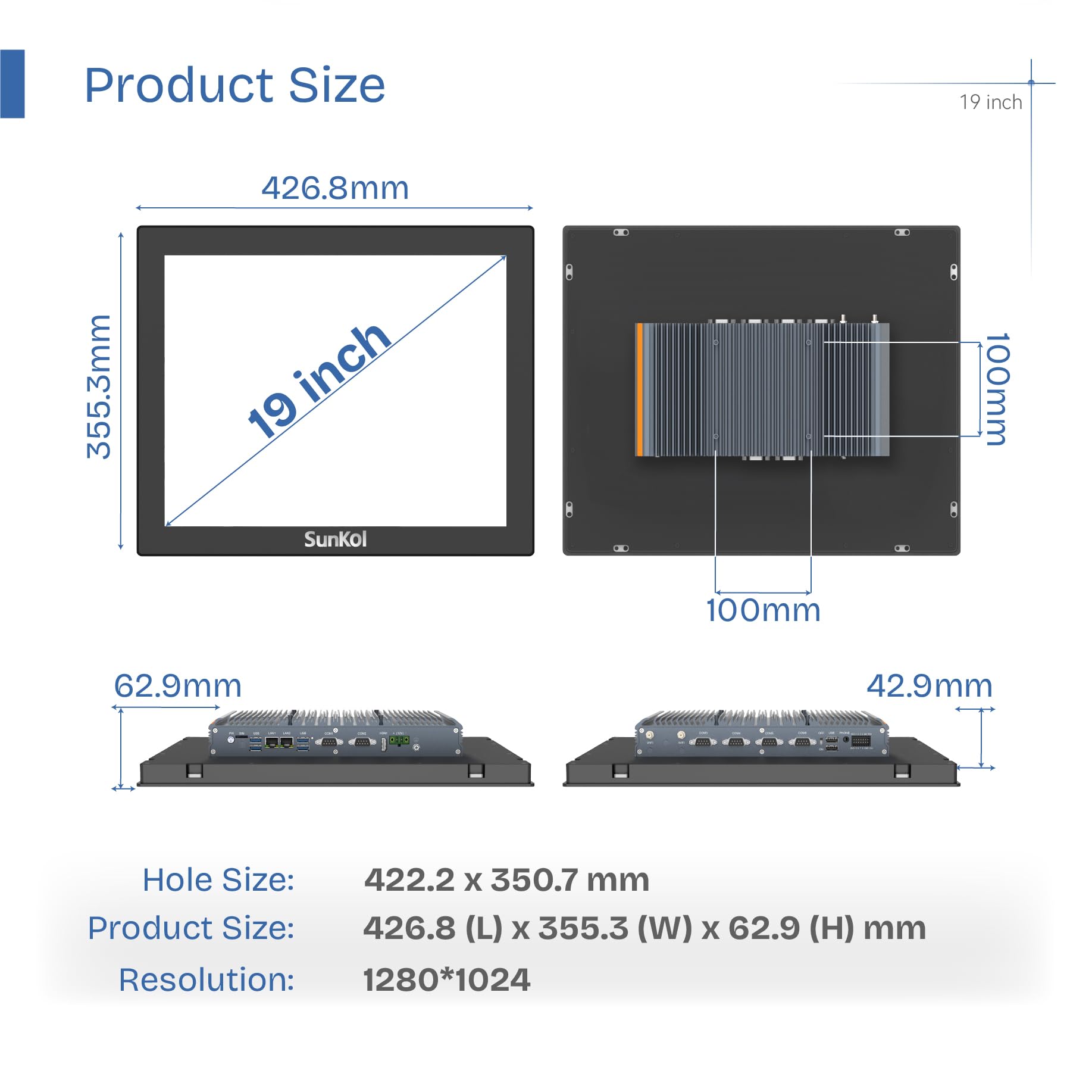 19 inch Narrow Bezel Industrial Panel PC, Fanless Embedded Touchscreen, J6412, IP65 Front, VESA Mount for Warehouse, Logistics, Automation (No RAM&Storage&System)