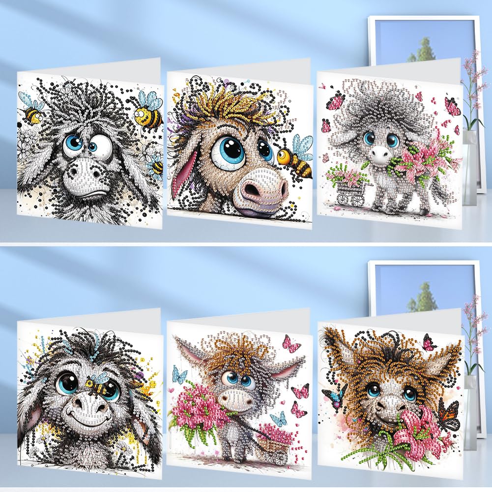 SPEPROECO 6PCS Donkey DIY Diamond Art Painting Cards Rhinestone Painting Greeting Card Kit Easter Handmade Card Crafts for Brithday Easter Party Favors