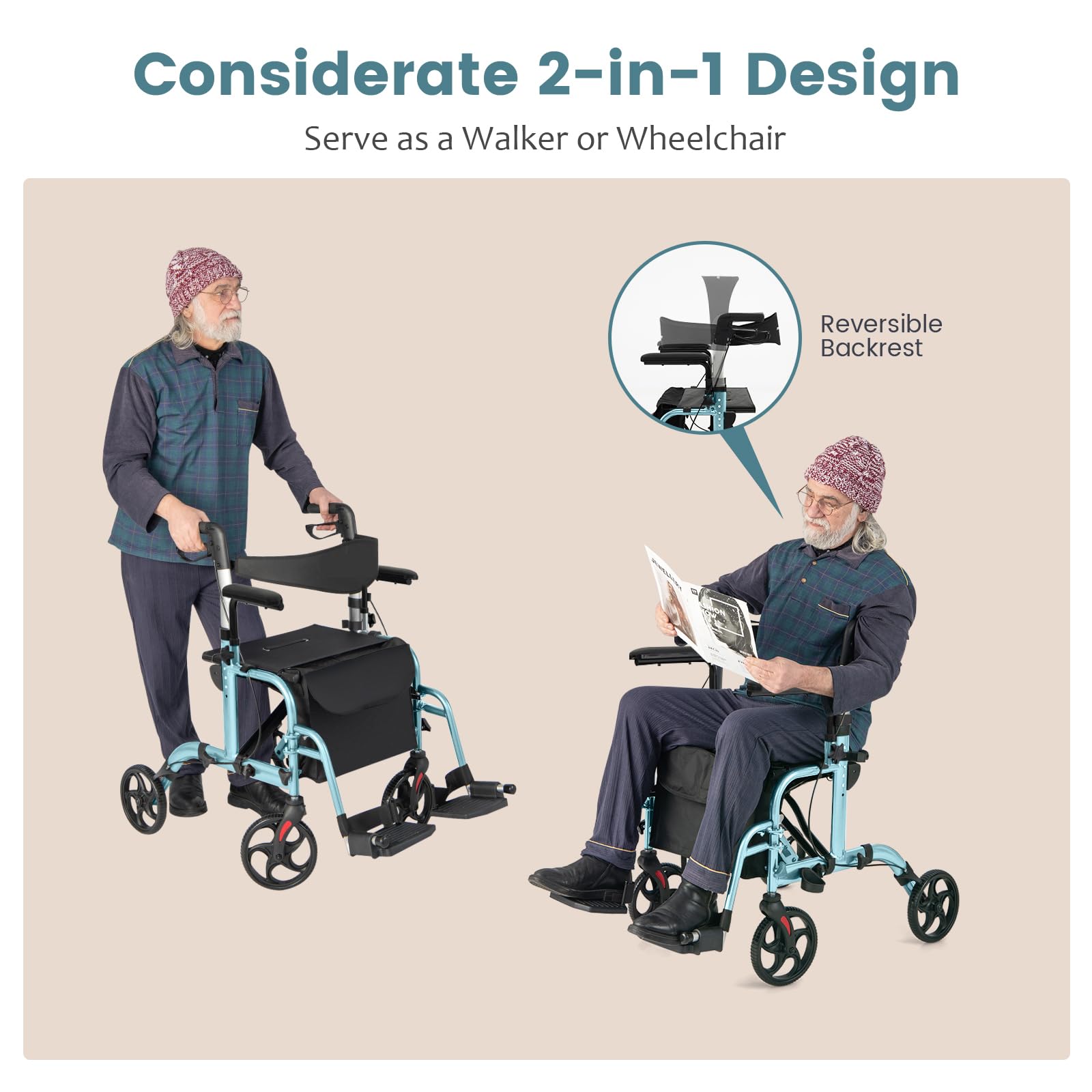 HOMASIS 2 in 1 Rollstuhl Rollator faltbar & leicht mit Sitz, Gehhilfe 6-fach höhenverstellbar, Alu Gehwagen bis 136kg, Reiserollator mit Stockhalter Tasche & Bremse, Laufhilfe für Senioren (Blau)