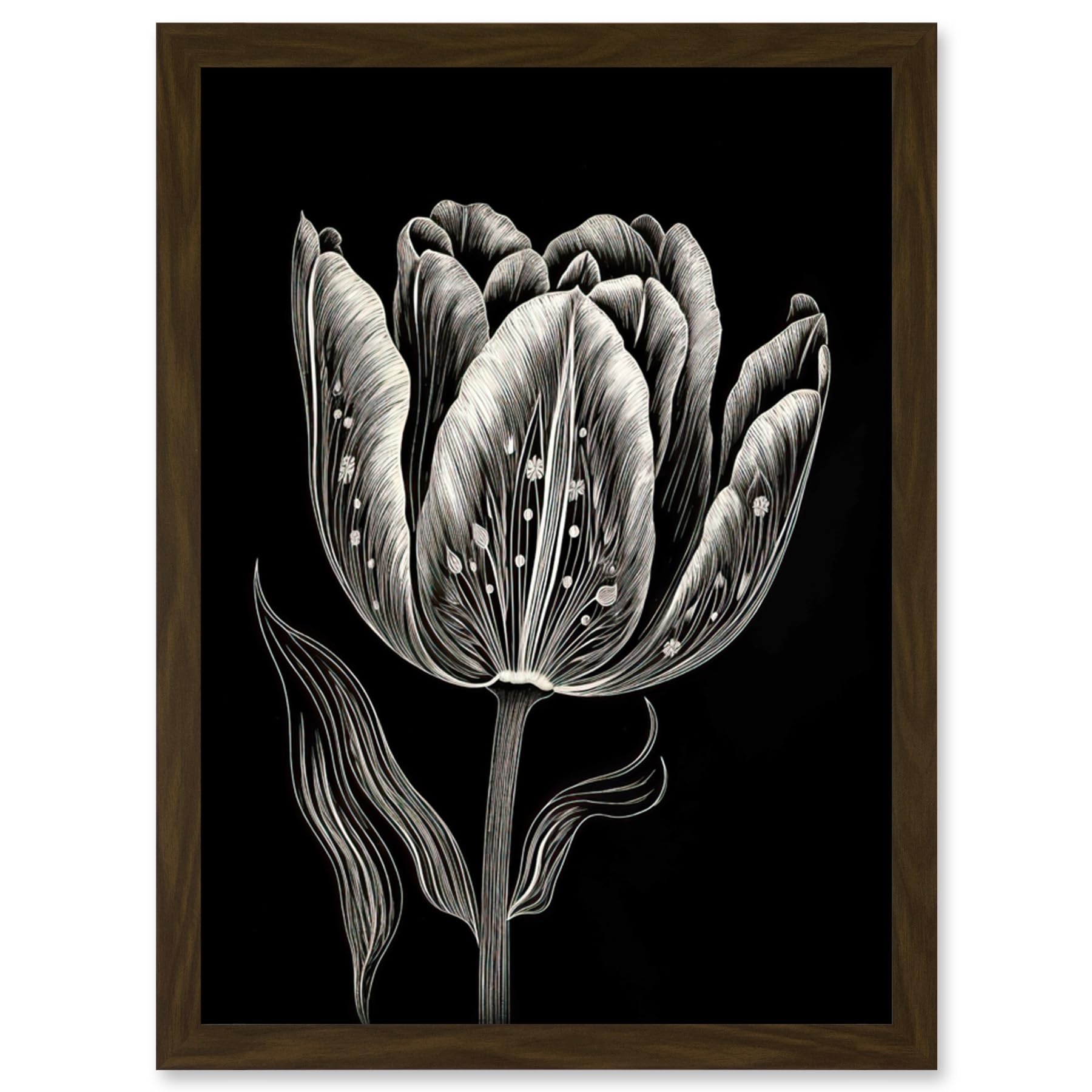 Artery8 Tulip Flower White on Black Blind Contour Folk Art Artwork Framed Wall Art Print A4