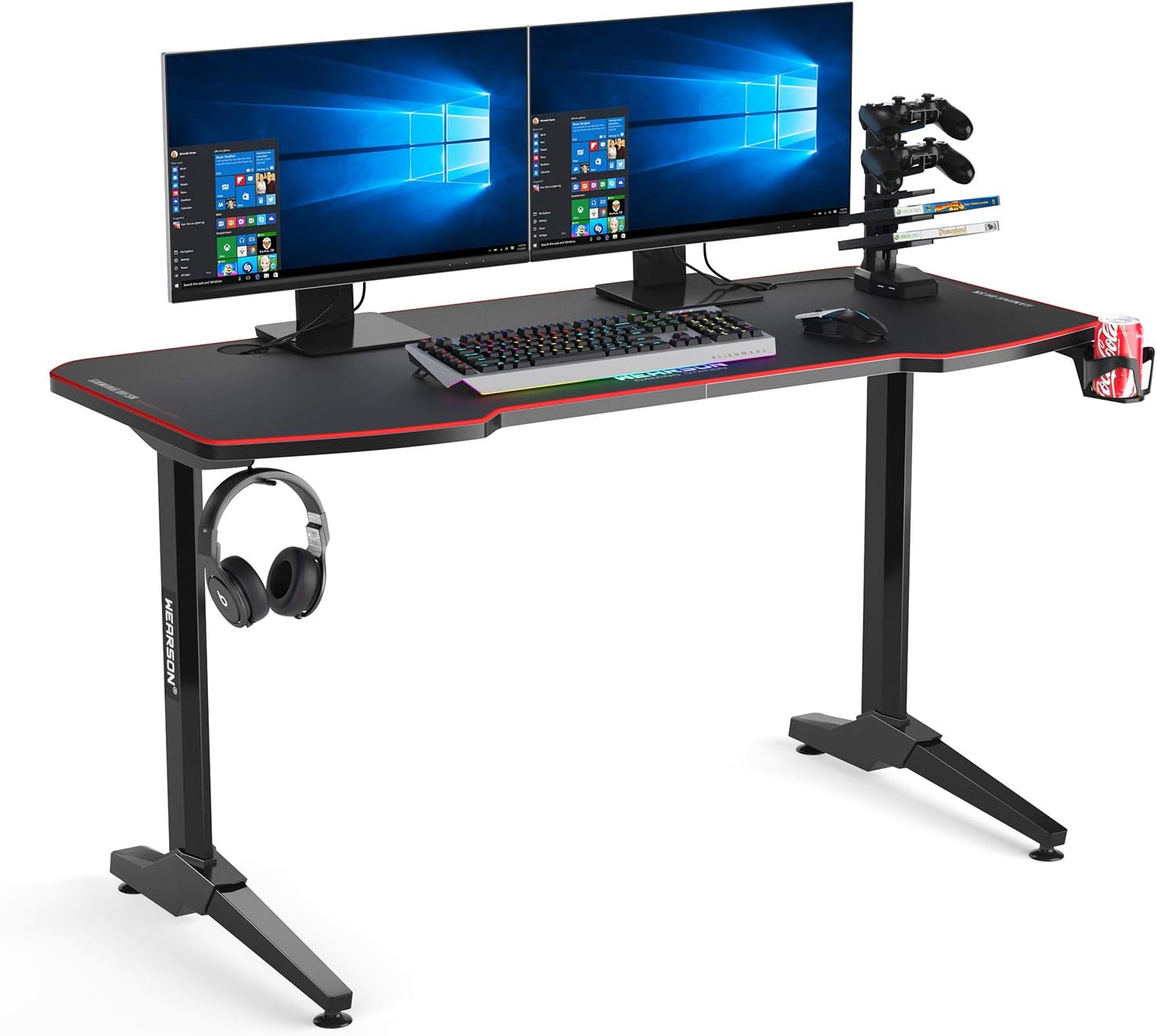 Wearson Large Gamer Workstation 140x65cm Gaming Desk with Mouse Pad Top,Cup Holder,Headphone Hook,Game Handle Holder and 4 Port USB Charging Station Home Office Desks WS1465