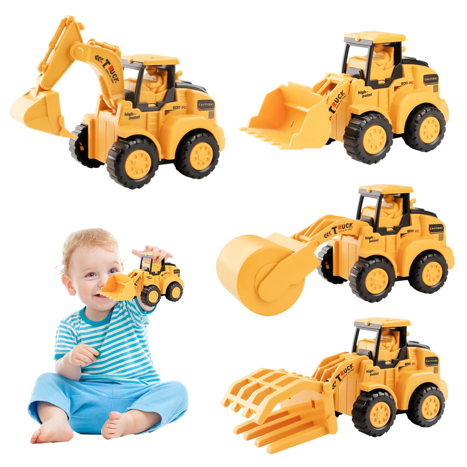4 Pièces Jouets Pelleteuse, Jouet De Sable Pelleteuse Bac à Sable avec Bulldozer, Excavatrice, Presse, Grue à Grappin, Jouets De Sable Voiture, Camion De Chantier pour Tout-Petits