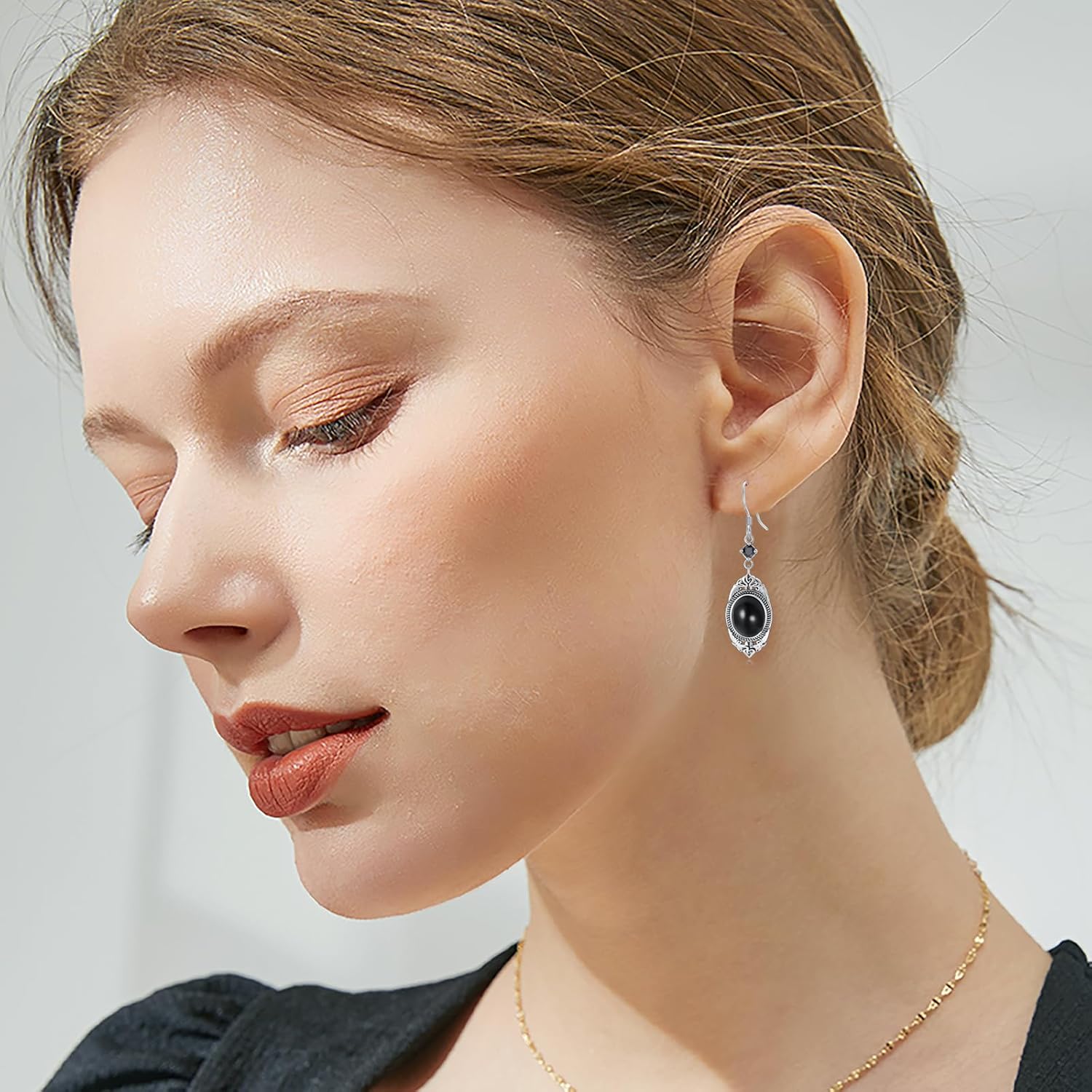 Black Onyx Leverback Dangle Earrings Sterling Silver Victorian Vintage Retro Style Onyx Jewelry Birthday Christmas Gifts for Women